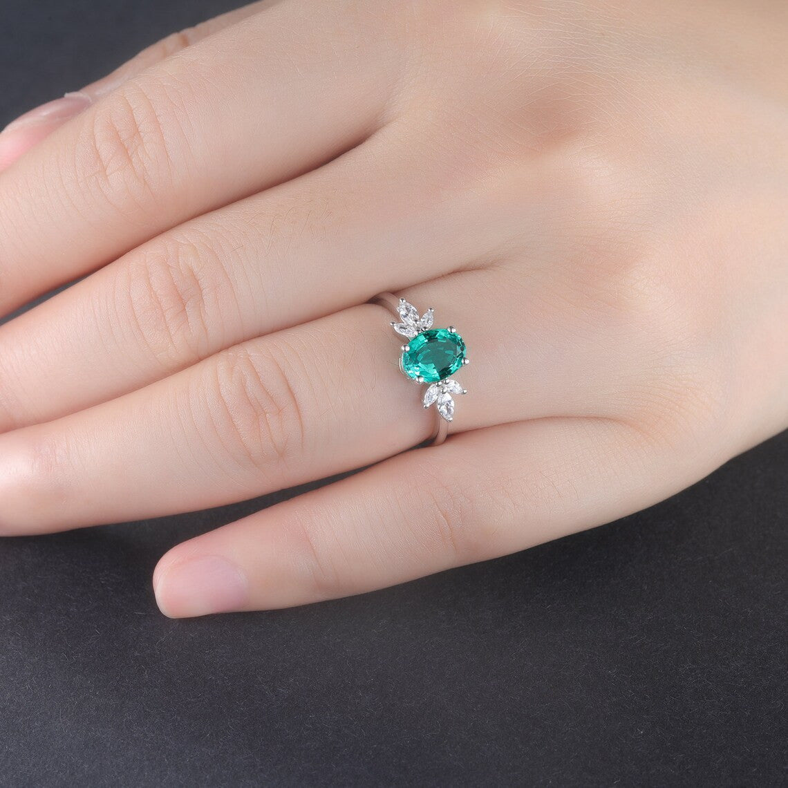 Oval Cut Emerald Moissanite Engagement Ring with Cluster Diamonds - Perfect for Wedding Proposals & Anniversary Gifts