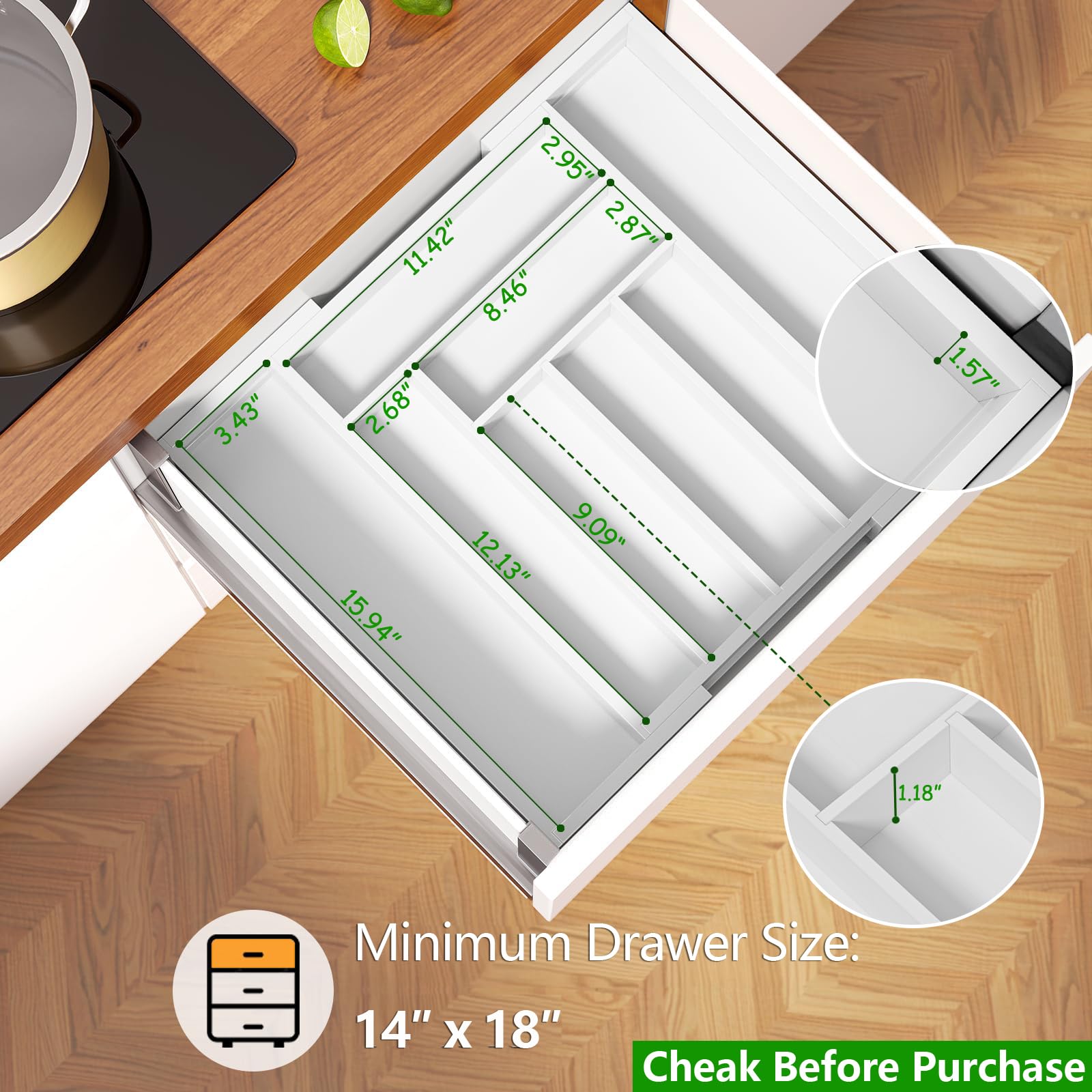 Pipishell Bamboo Expandable Drawer Organizer - Adjustable Cutlery Tray & Wood Drawer Dividers for Silverware, Flatware, Knives - Kitchen, Bedroom, Living Room Storage Solution (White) | Perfect for Organizing Utensils, Makeup, Office Supplies & More