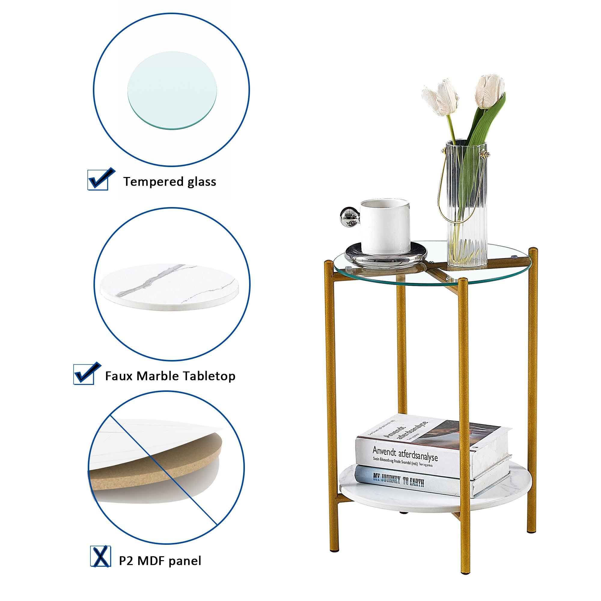 2-Tier Round End Table with Tempered Glass & Marble Top - Gold Metal Frame Accent Table for Living Room, Bedroom, Office - Perfect for Coffee, Books & Decor Display