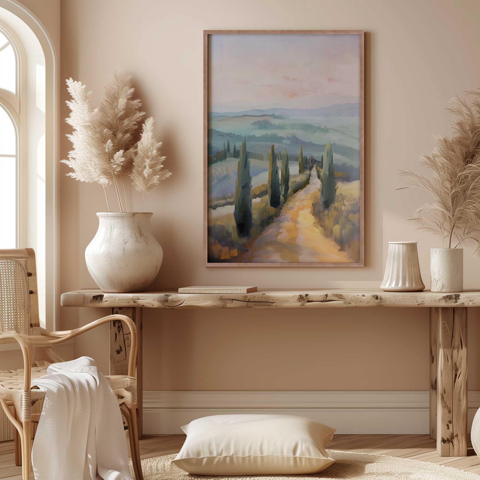 Tuscany Sunset Landscape Art Print - Dusk's Glow v3 Wall Decor for Living Room, Bedroom & Office
