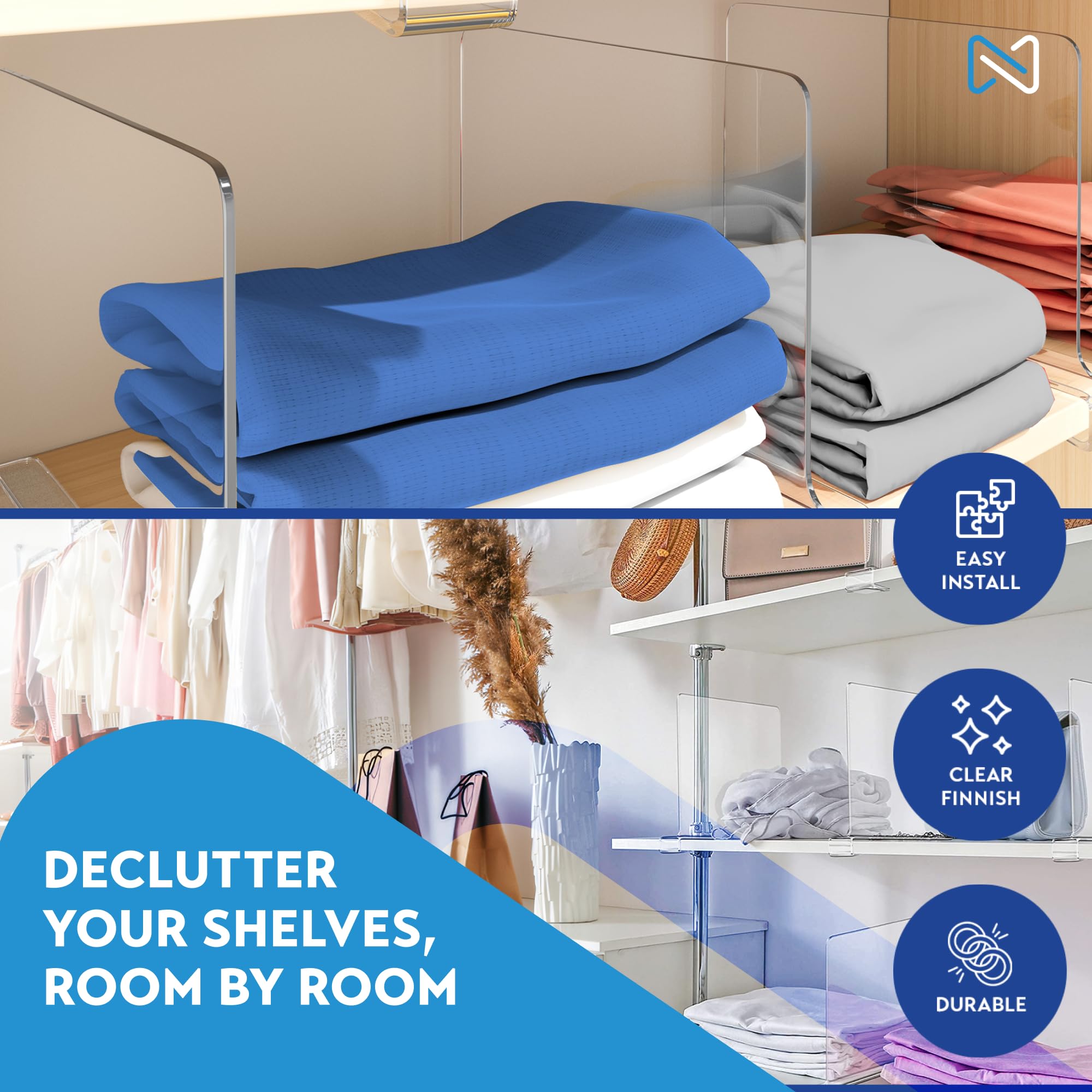 Clear Acrylic Shelf Dividers for Closets - 20-Pack Wooden & Linen Closet Organizers - Sturdy, Easy Install Shelf Dividers for Pantry, Bathroom & Bedroom Storage Organization