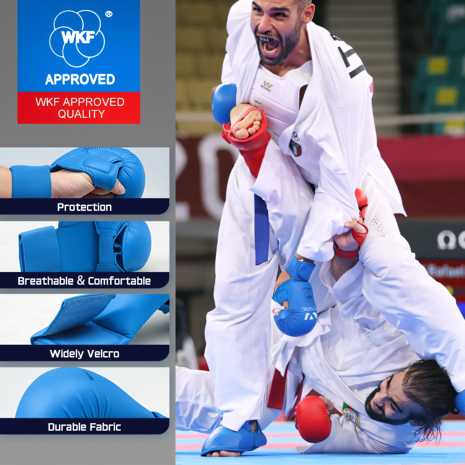 Wesing WKF Approved Sparring Karate Gloves with Thumb Protection - Blue & Red for Training & Competition | Martial Arts, Taekwondo, Kickboxing Gear