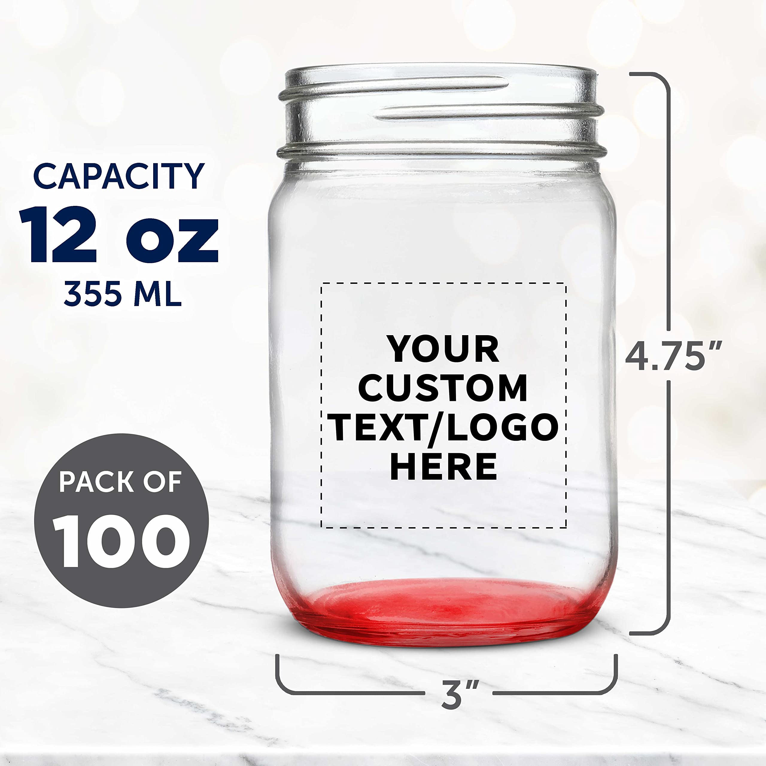 100-Pack 12oz Custom Mason Jars Bulk Set - Personalized Glass Containers for Overnight Oats, Candies, Pickles, Spices & Beverages | Perfect for DIY Gifts, Wedding Favors, Party Decor & Kitchen Storage (Red)