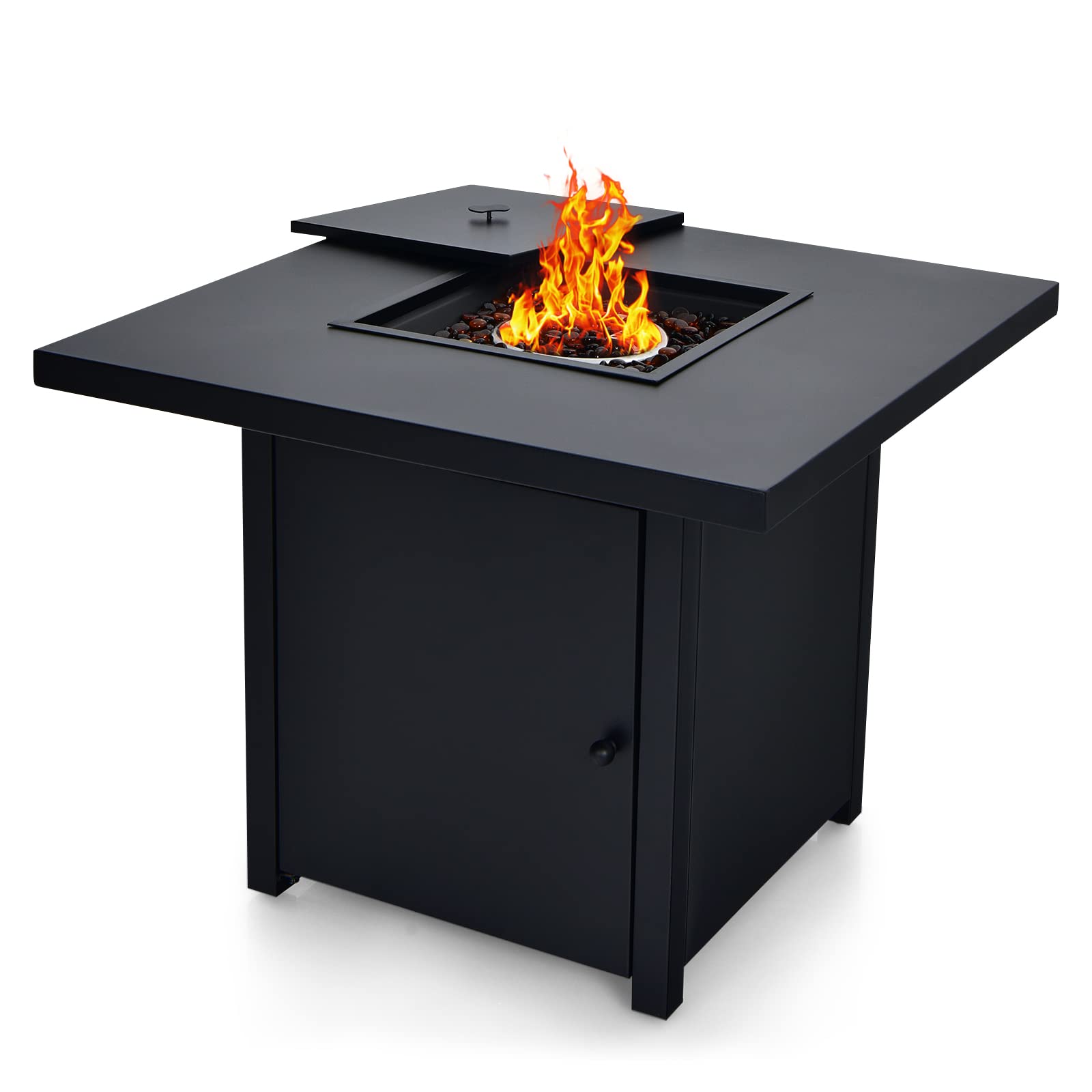 32 Inch Outdoor Propane Fire Pit Table with Auto Ignition - 40,000 BTU Gas Fire Table with Lid & Fire Glass - Metal Patio Fireplace for Deck, Backyard, Garden, Balcony - Perfect for Outdoor Gatherings & Nighttime Ambiance