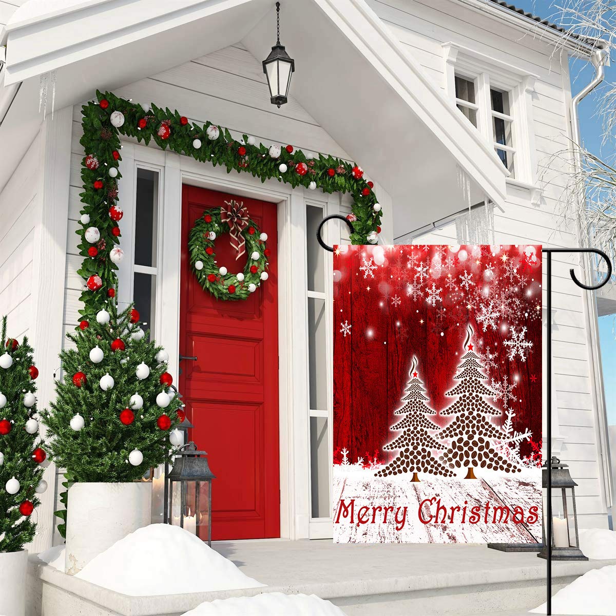 Double Sided Christmas Tree Red Garden Flag 12x18 Inch - Winter Snowflake Holiday Yard Decoration for Xmas, New Year | Rustic Outdoor Home Decor for Porch, Lawn & Seasonal Celebrations