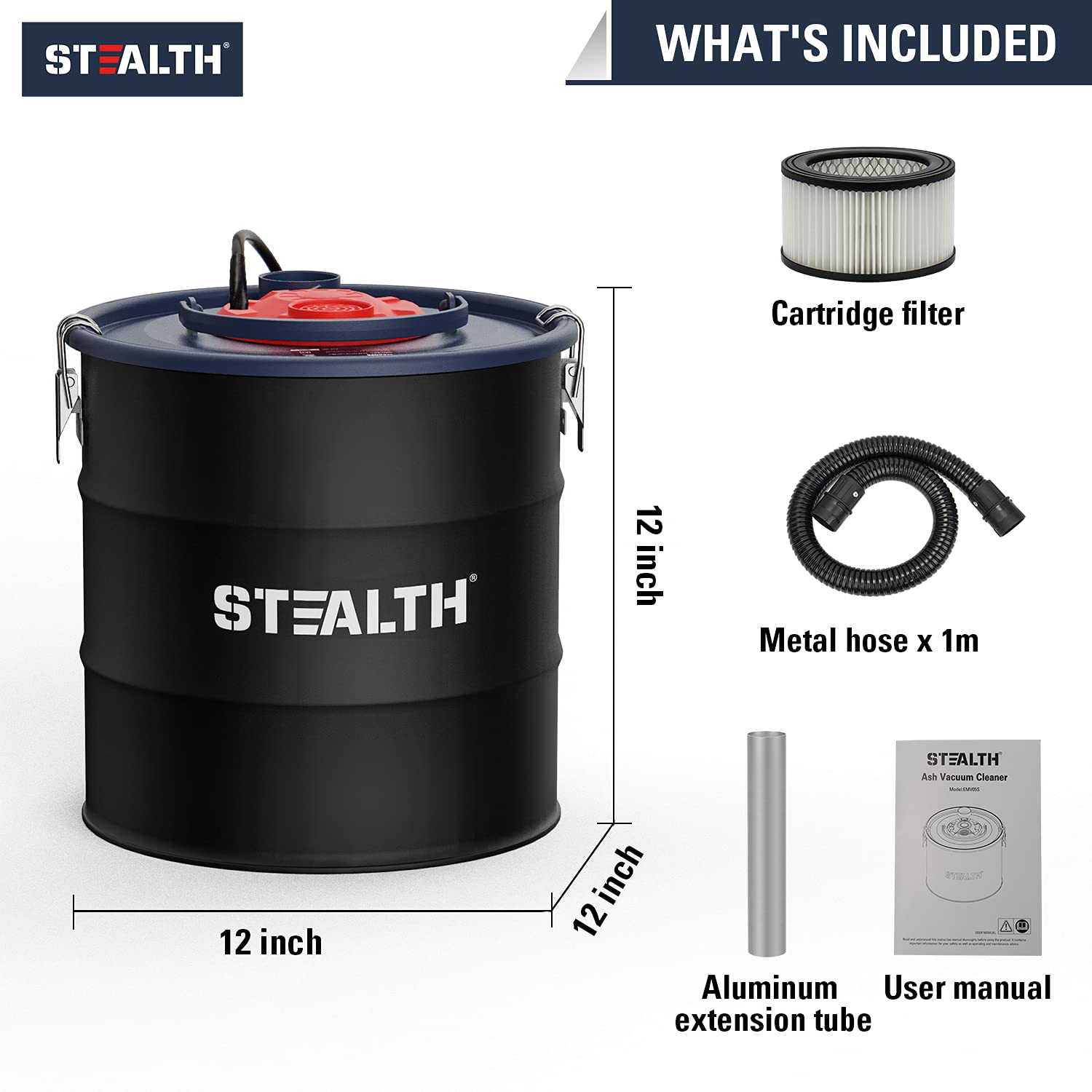 Stealth 4.8 Gallon Ash Vacuum - Powerful Portable Ash Vacuum Cleaner for Fireplaces, Wood Stoves, Fire Pits & Pellet Stoves (Model EMV05S) - Ideal for Home, Camping & Outdoor Fireplace Maintenance