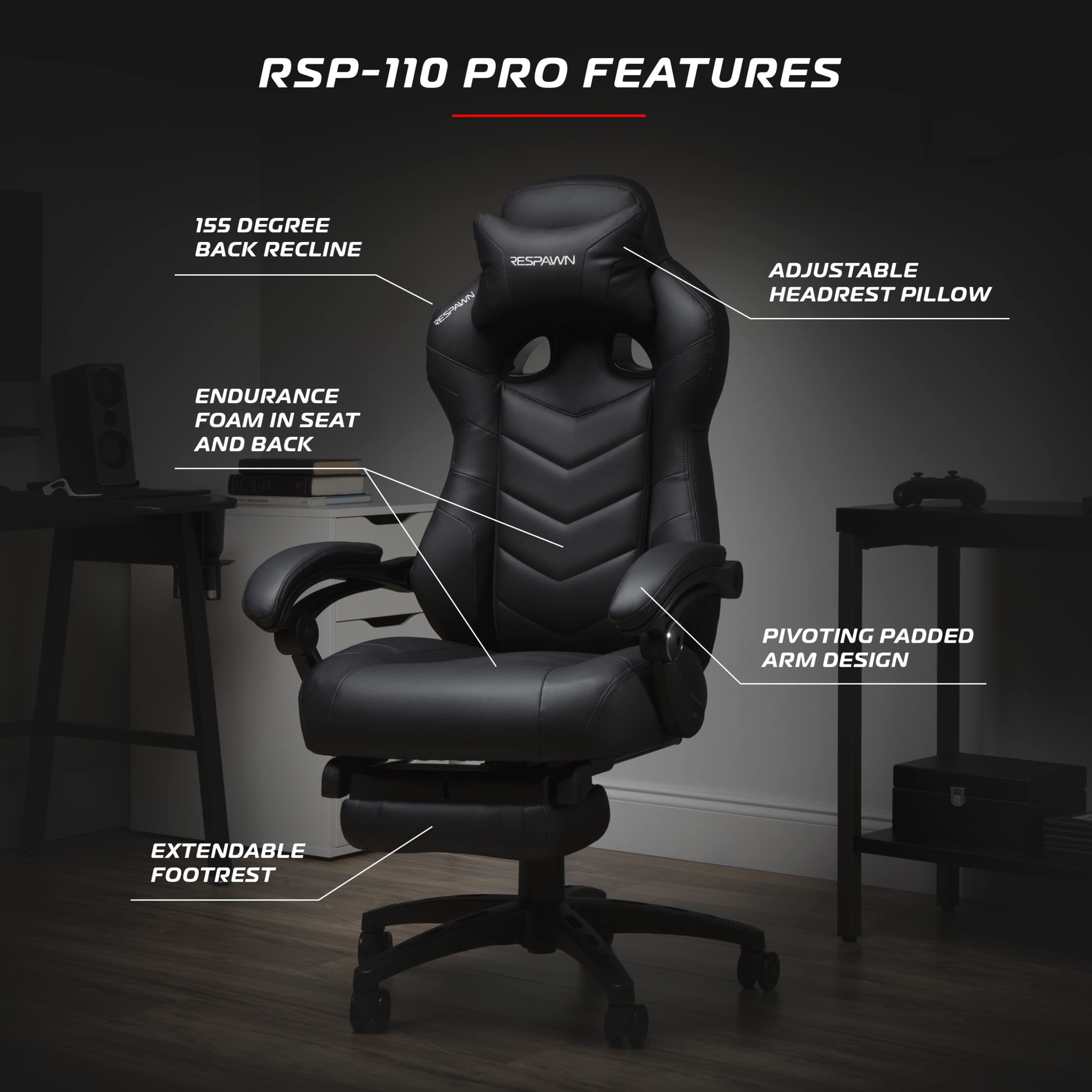 RESPAWN 110 Pro Ergonomic Gaming Chair with Adjustable Footrest & Headrest - Reclining Computer Desk Chair for Adults - Black - Perfect for PC Gaming, Office Work & Home Entertainment