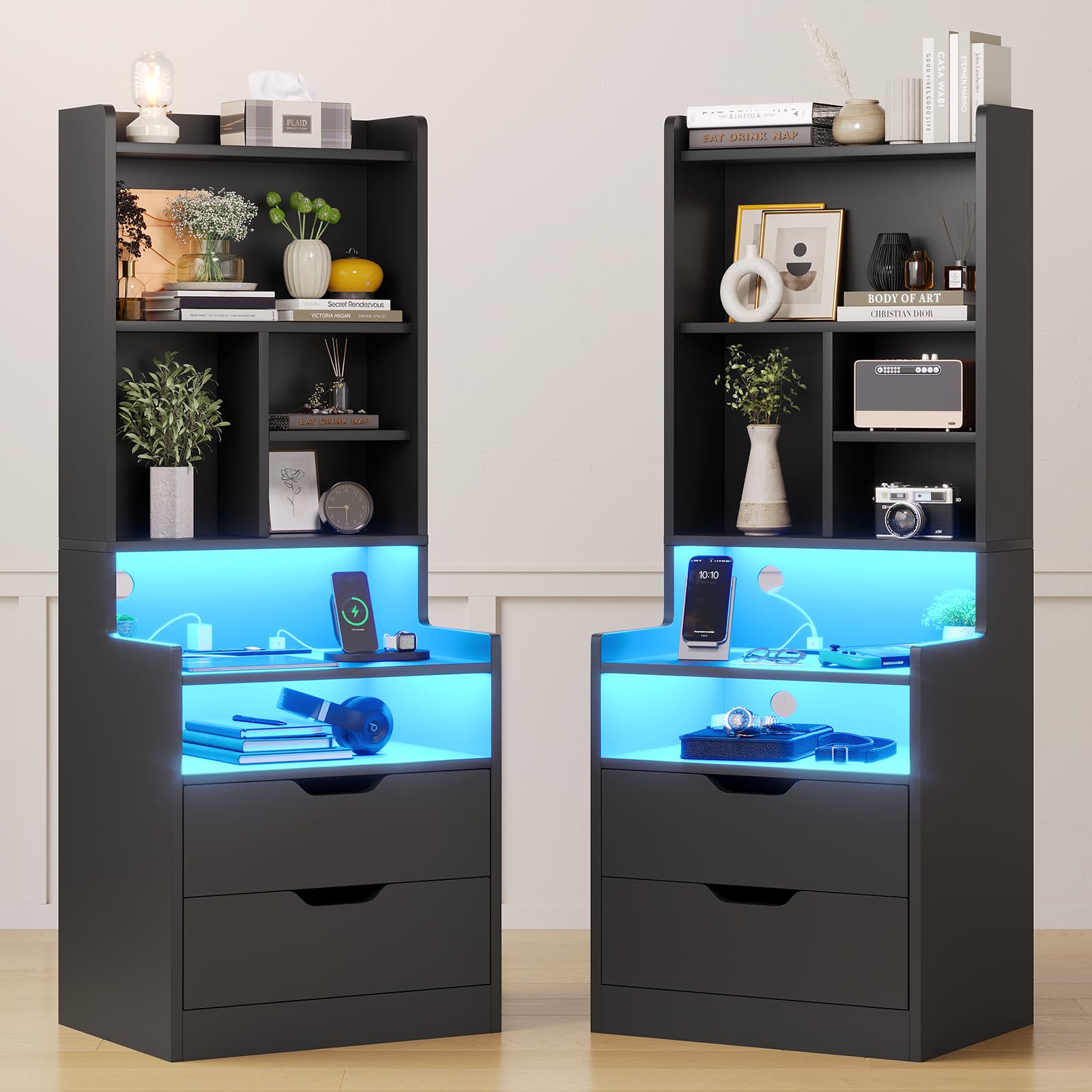 ADORNEVE 2-Piece LED Charging Nightstand Set with Bookshelf & Drawers - Modern Black Bedside Tables for Bedroom | Perfect for Reading, Phone Charging & Bedside Storage