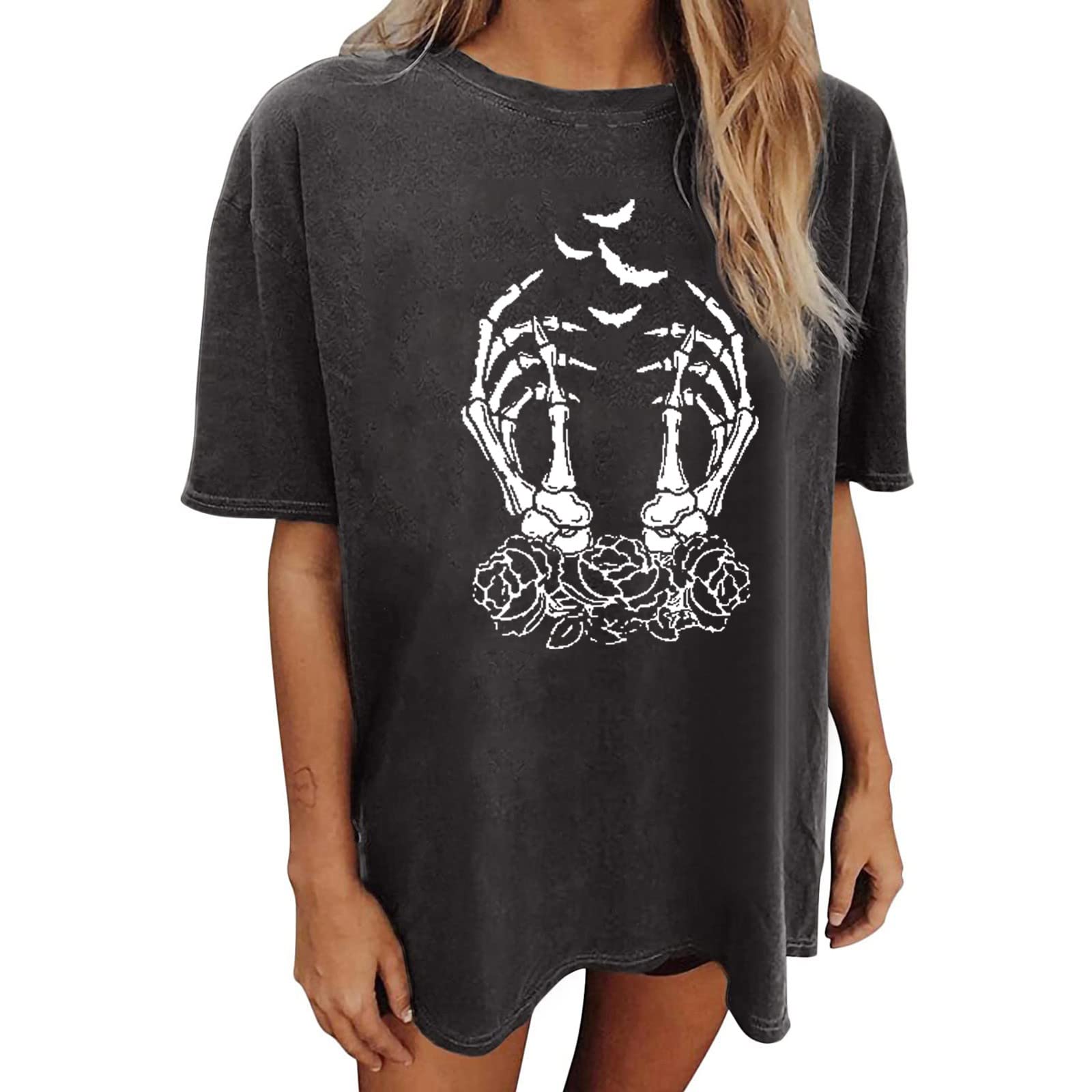 Women's Skeleton Printed Short Sleeve T-Shirt - Summer Crew Neck Casual Loose Fit Funny Graphic Tee for Women | Perfect for Halloween, Gothic Fashion, and Everyday Streetwear