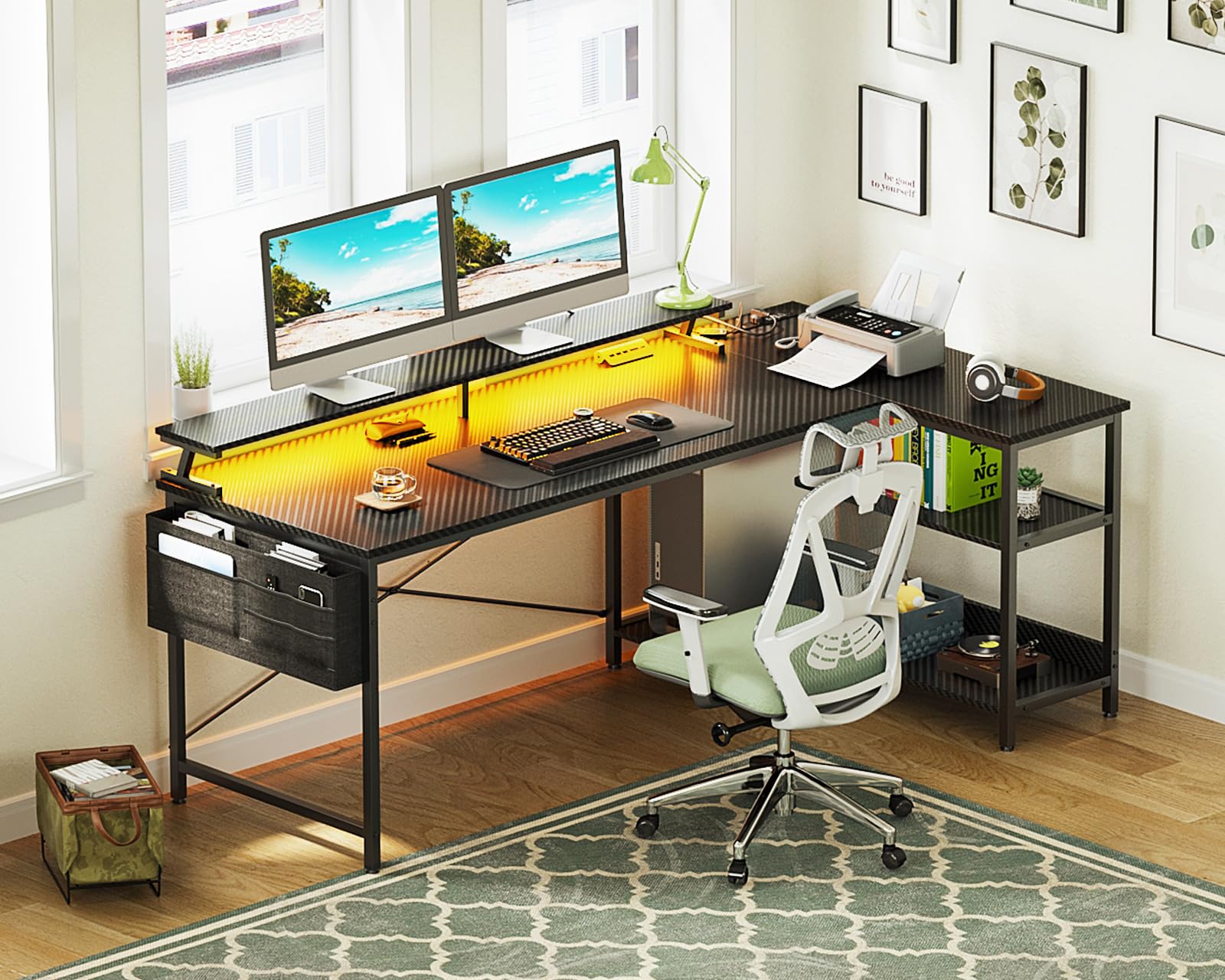 ODK 66 Inch L-Shaped Gaming Desk with USB Charging Ports, LED Lights & Power Outlets - Reversible Corner Computer Desk with Storage Shelves & Monitor Stand in Carbon Fiber Black - Perfect for Gamers, Streamers & Home Office Setup