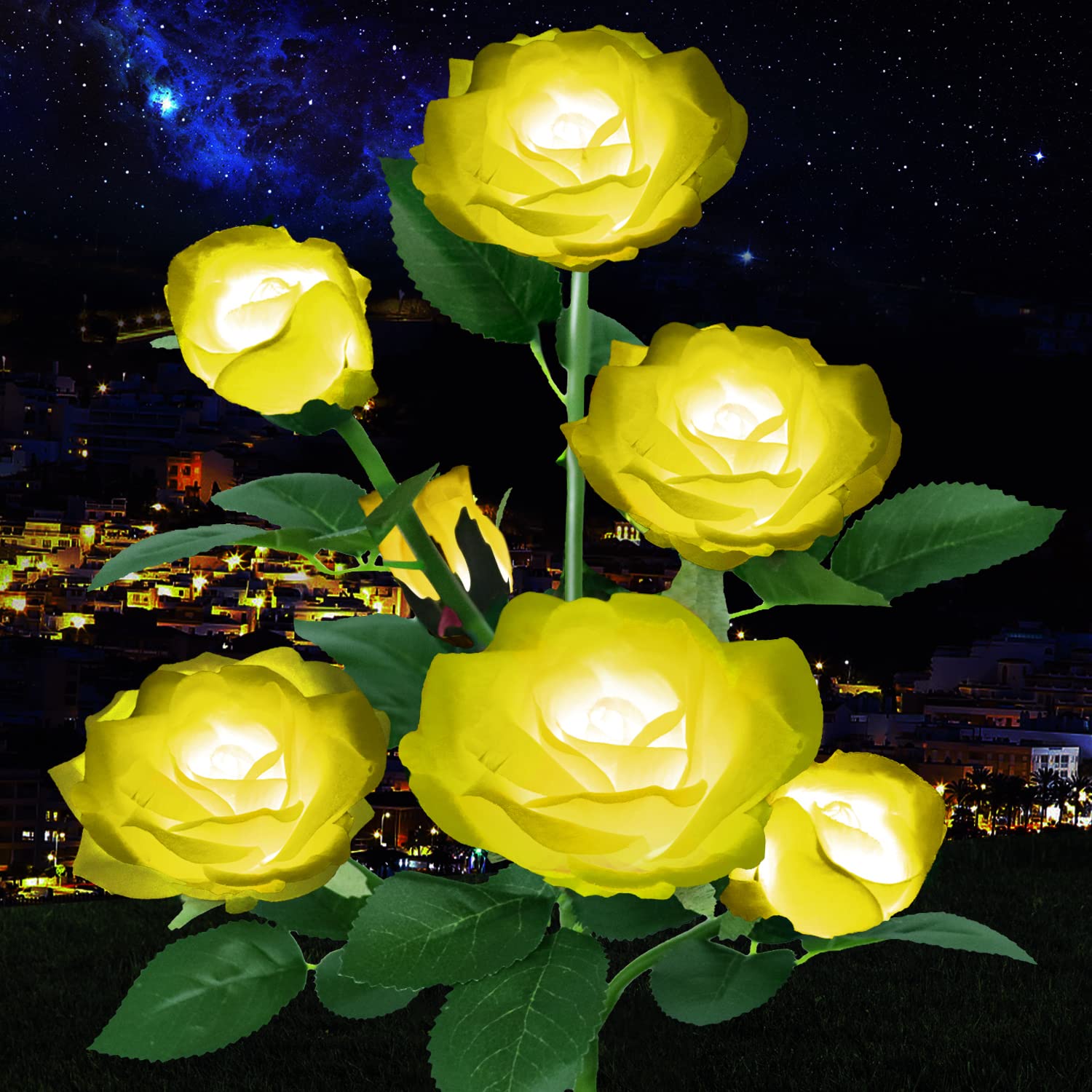 Solar Powered Outdoor Garden Lights - 7 Rose Flower Stake Lights with Enlarged Solar Panel for Pathway, Patio, Yard & Landscape Decoration (Yellow) | Weatherproof & Energy-Efficient Solar Lighting for Gardens, Walkways, Driveways & Outdoor Spaces