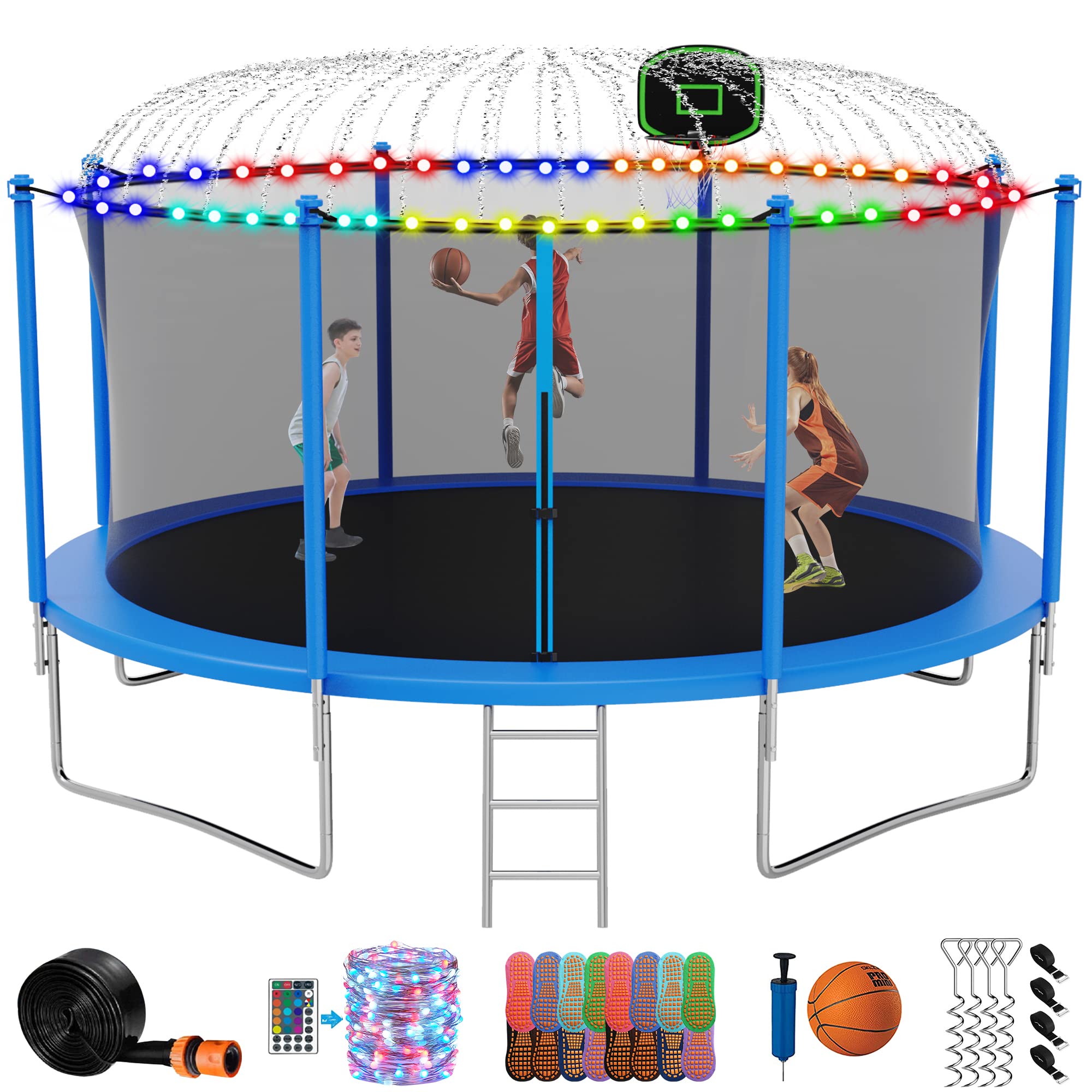 DeepRoar 1500 LBS Capacity 12FT-16FT Trampoline with Safety Enclosure Net, Basketball Hoop, Ladder & Spring Pad - Outdoor Bounce Jump Trampoline for Kids & Adults - Perfect for Backyard Fun, Exercise & Family Playtime