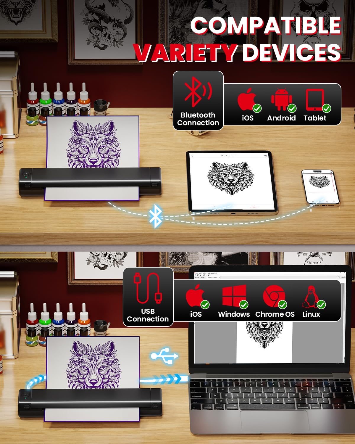COLORWING M08F Wireless Tattoo Stencil Printer - Bluetooth Thermal Inkless Tattoo Machine with 10 Transfer Papers, Portable Design for Professional Tattoo Artists & Beginners (Black) | Perfect for Studio, Home & Travel Tattoo Work