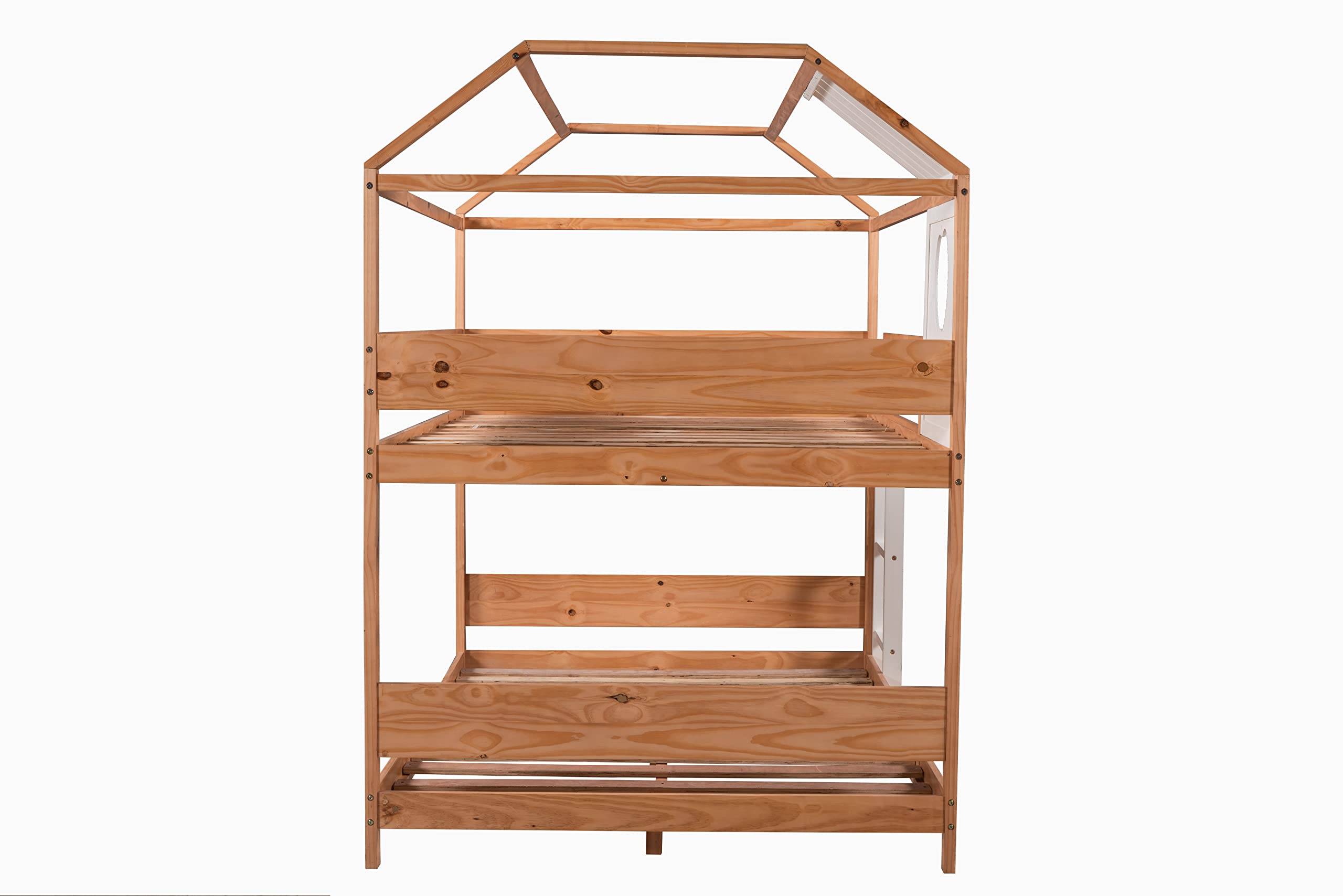 Full Over Full Size Solid Wood Bunk Bed with Window/Roof Design, Built-in Little Shelf & Full-Length Guardrail - Low Profile Frame, No Box Spring Needed - Perfect for Kids' Bedrooms, Guest Rooms & Small Spaces