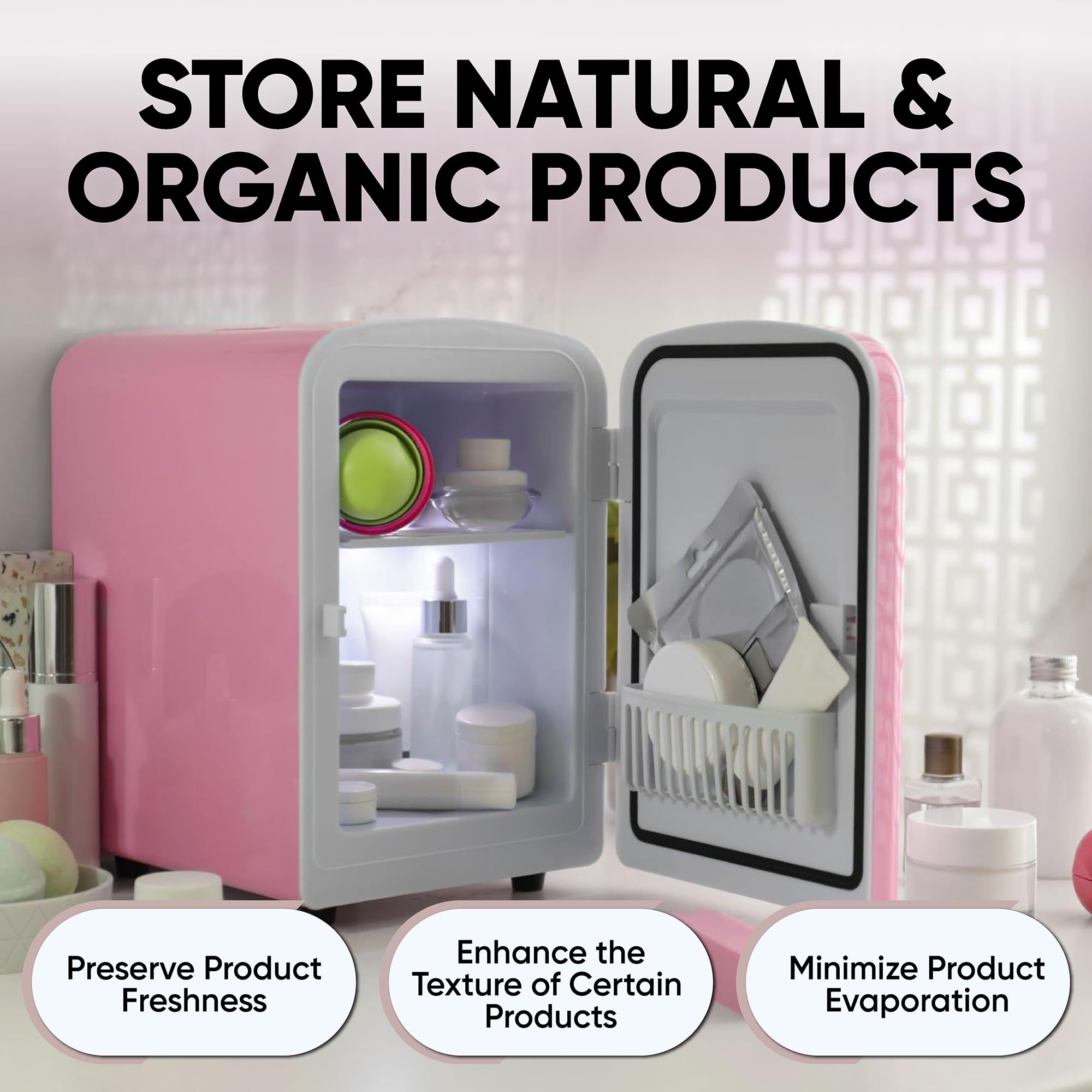 ROCKWELL 4L Retro Mini Fridge and Warmer - Portable Thermoelectric Cooler & Warmer for Skincare, Cosmetics, Medicine, Drinks & Snacks - AC/DC Power - Perfect for Bedroom, Office, Dorm & Travel - Pink