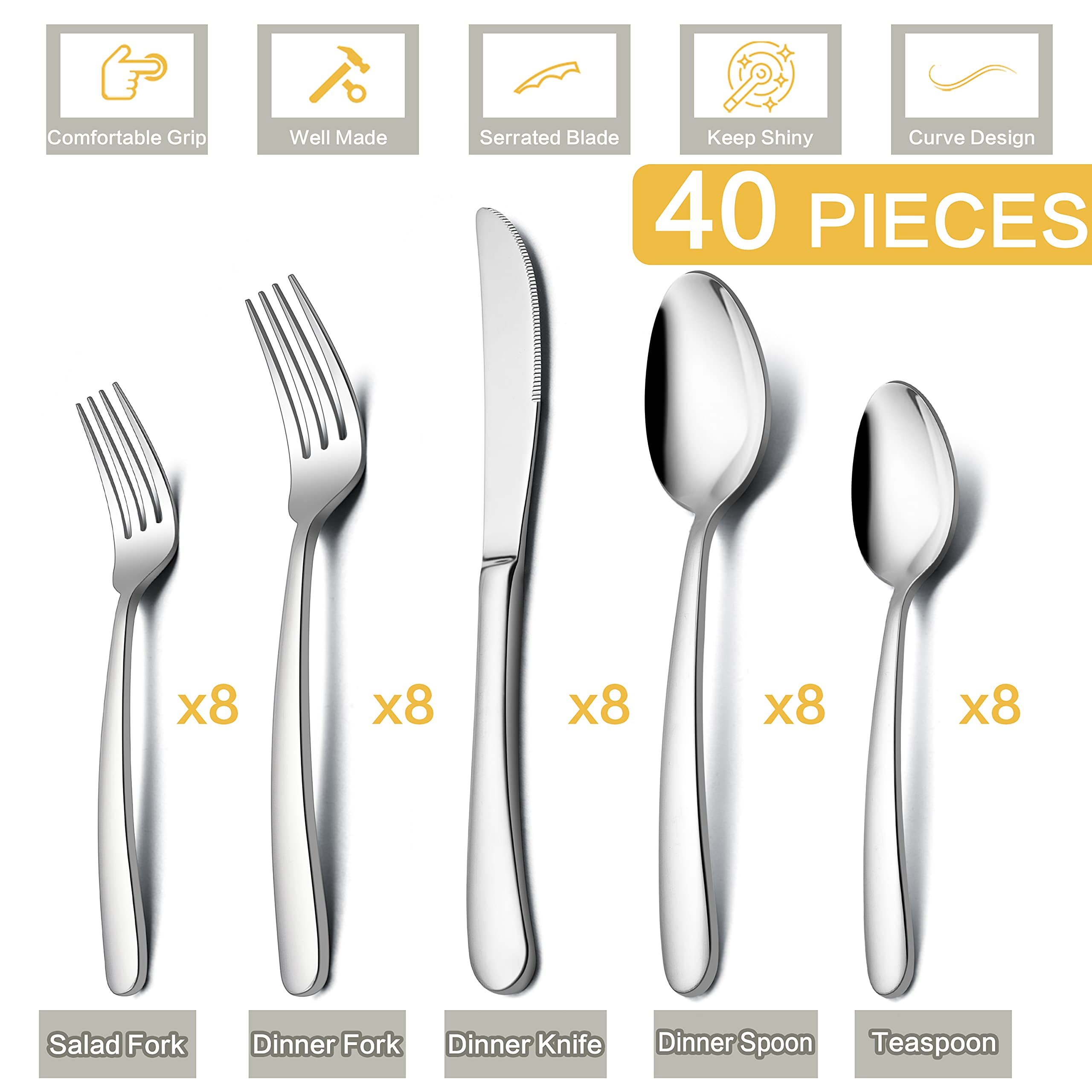 Premium 40-Piece Stainless Steel Flatware Set for 8 - Heavy Duty Silverware with Serving Utensils, Mirror Polished & Dishwasher Safe - Elegant Dining Cutlery for Home, Restaurants & Special Occasions