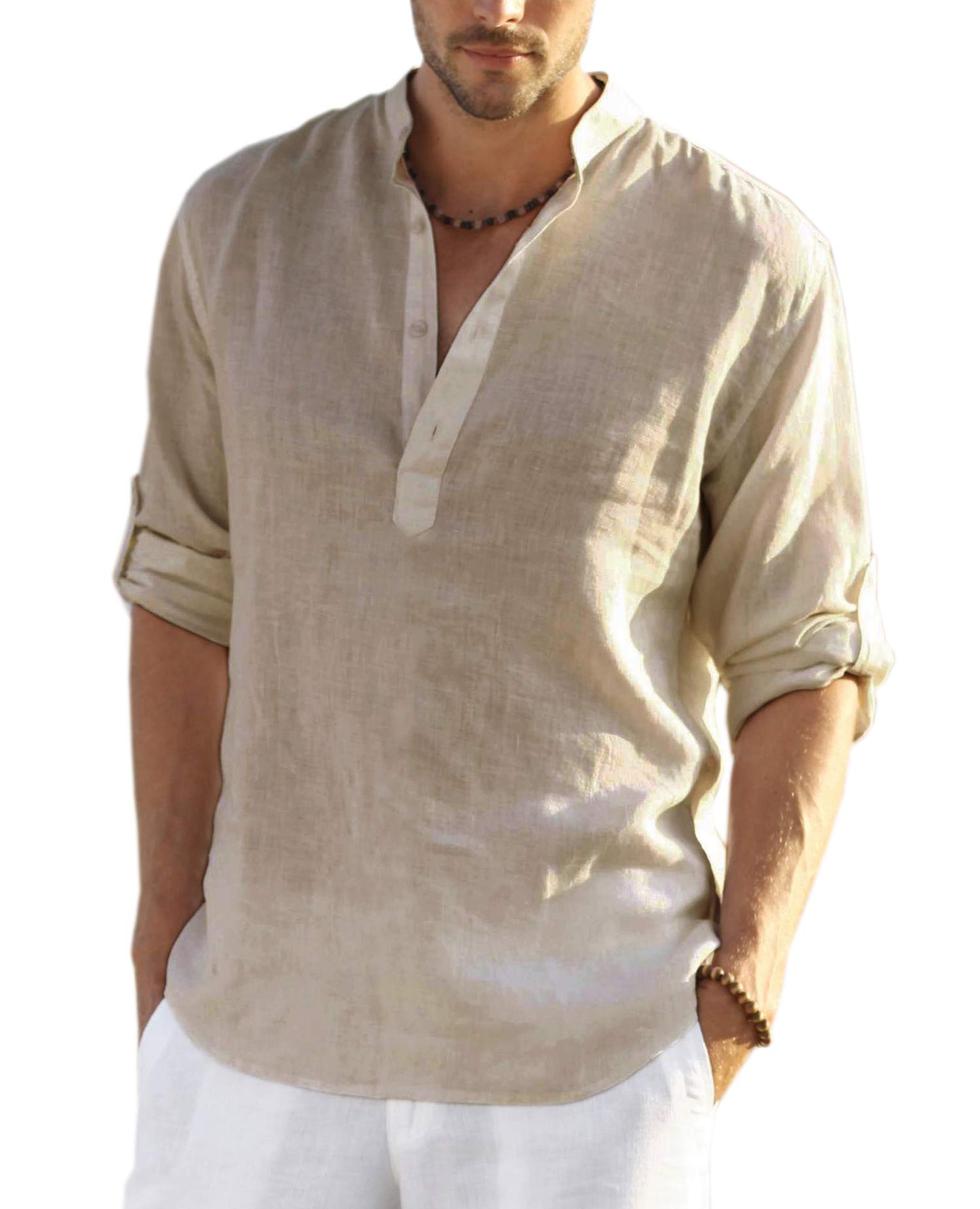 COOFANDY Men's Cotton Linen Henley T-Shirt - Long Sleeve Casual Shirt for Beach, Summer & Boho Style | Breathable & Comfortable Hippie Shirt for Outdoor, Music Festivals & Relaxation