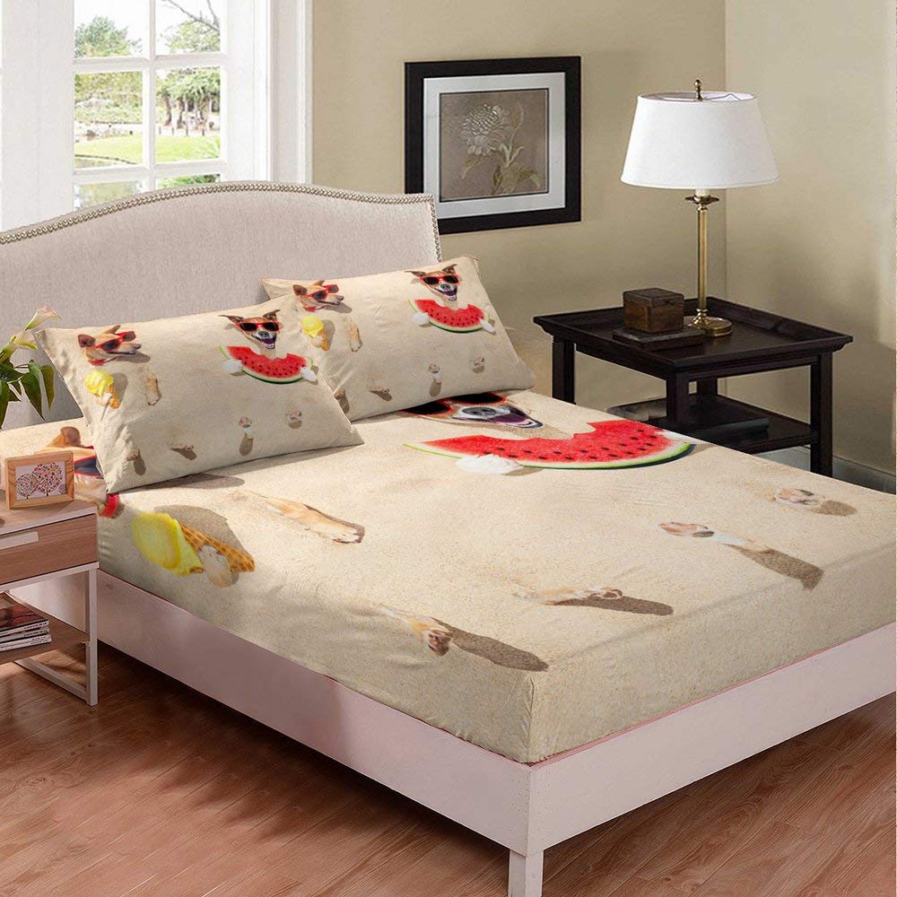 Dog Watermelon Print Twin Bed Sheet Set - Cozy Holiday Sunshine Bedding for Kids & Couples - 2pc Fitted Sheets for Beach Themed Bedroom Decor - Perfect for Summer Nights & Pet-Friendly Homes