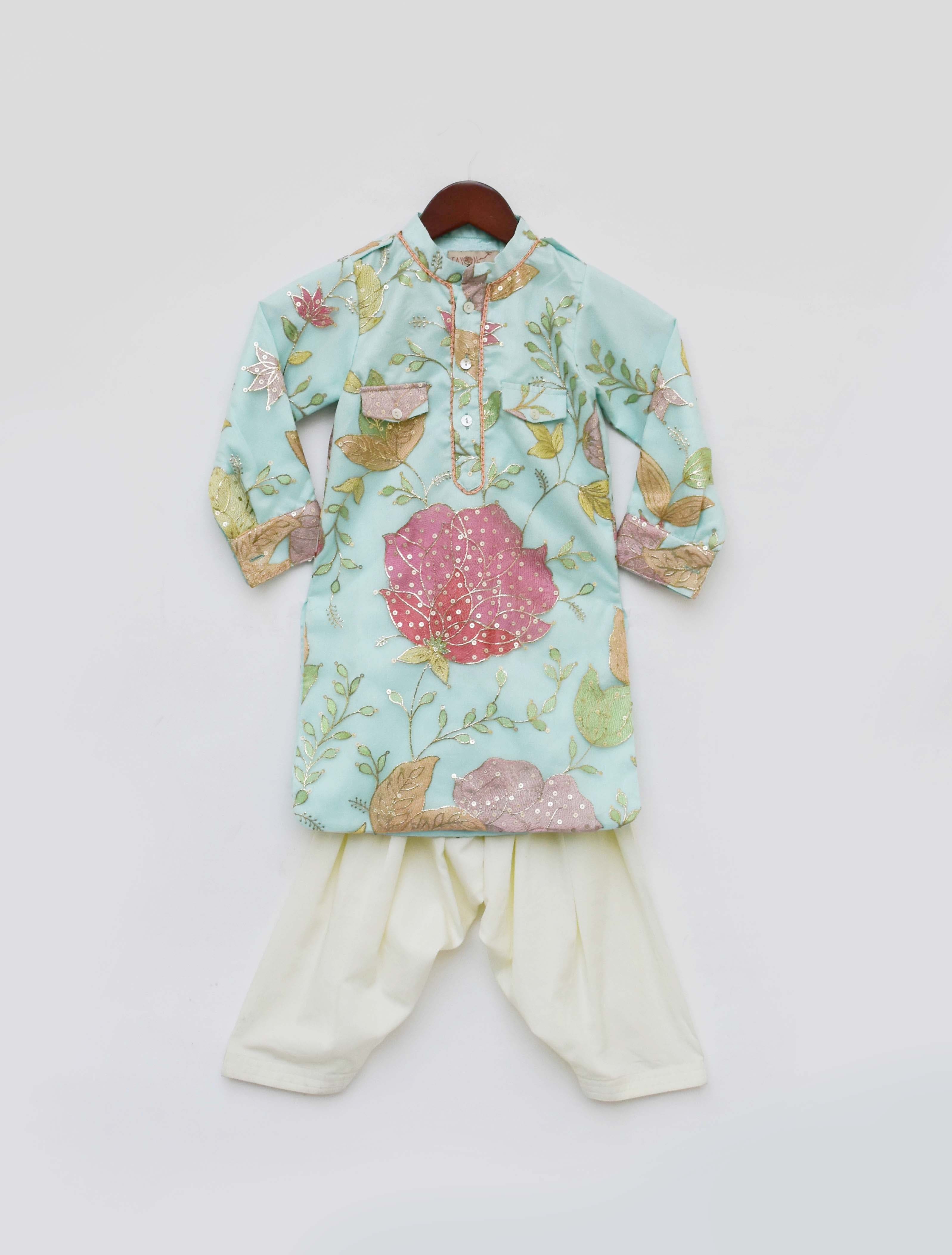 Pre-Order Aqua Embroidered Kurta with Off-White Salwar Set - Elegant Indian Ethnic Wear for Festivals, Weddings & Special Occasions