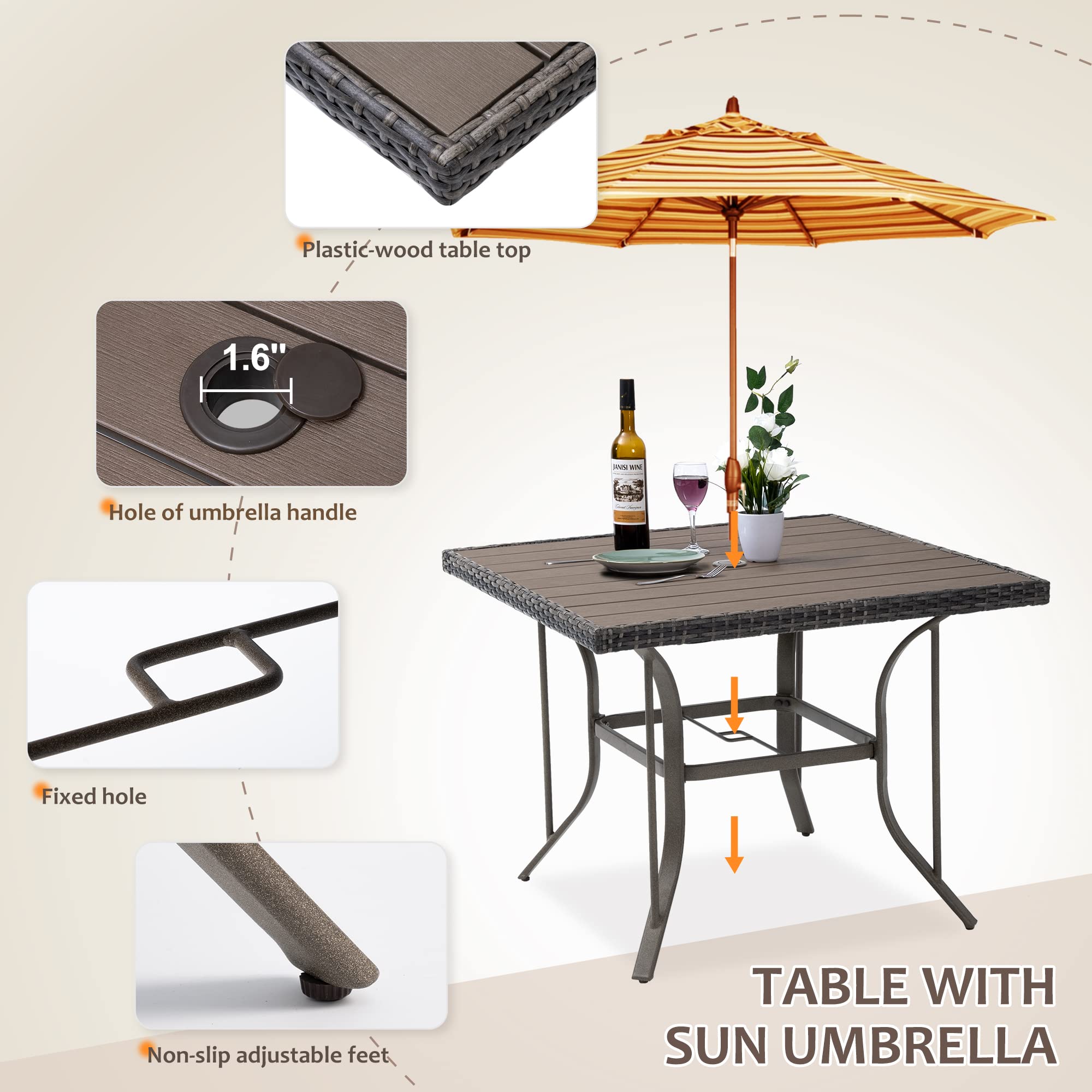 5-Piece All-Weather Patio Dining Set for 4 with Umbrella Hole - Beige Plastic-Wood Table & Wicker Chairs with Removable Cushions - Perfect for Deck, Garden, Backyard, Poolside & Outdoor Entertaining