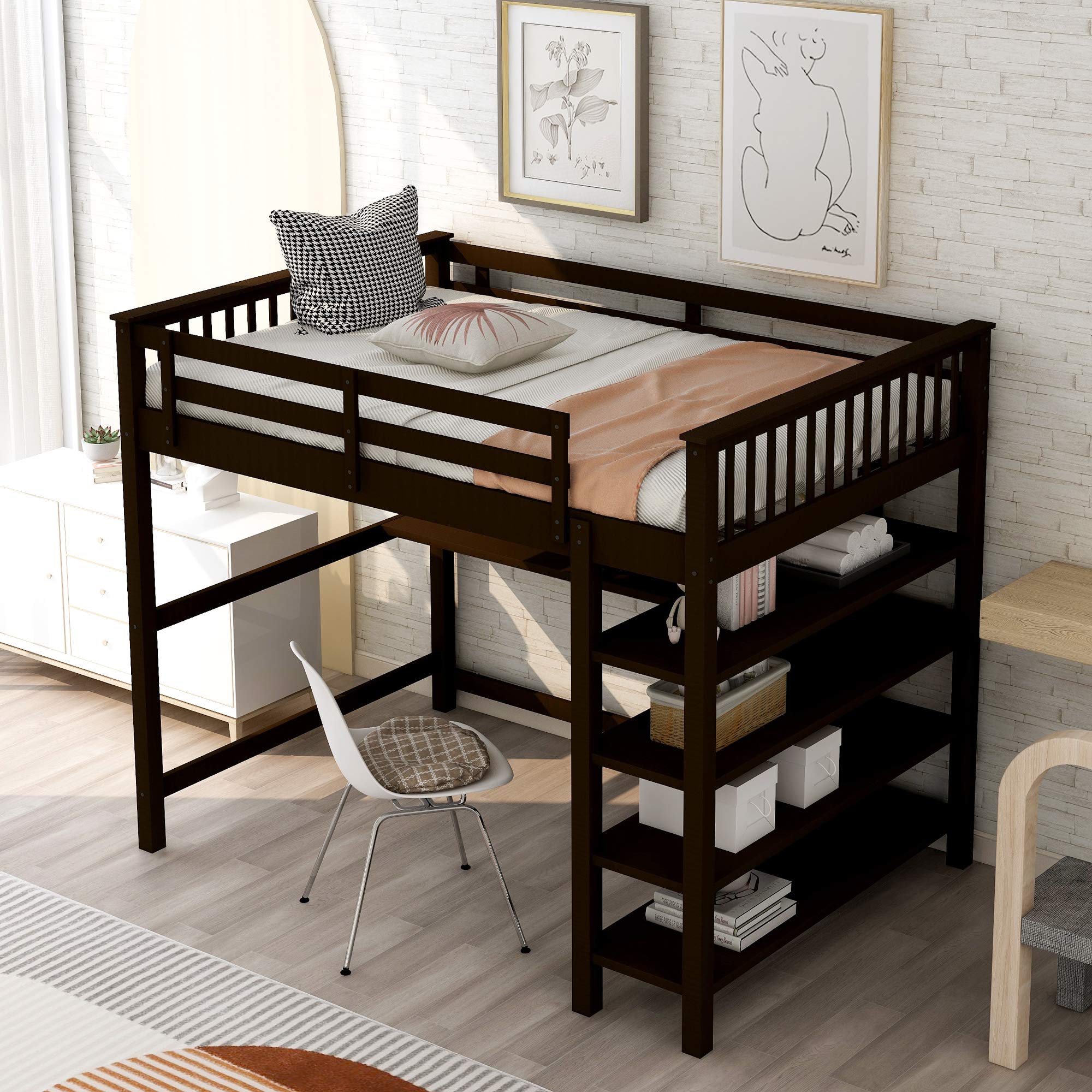Full Size Loft Bed with Desk & Storage Shelves - Sturdy Wood Frame with Safety Guardrail & Ladder for Kids, Teens & Adults - No Box Spring Needed - Espresso Finish - Perfect for Small Bedrooms, Dorms & Space-Saving Kids Rooms