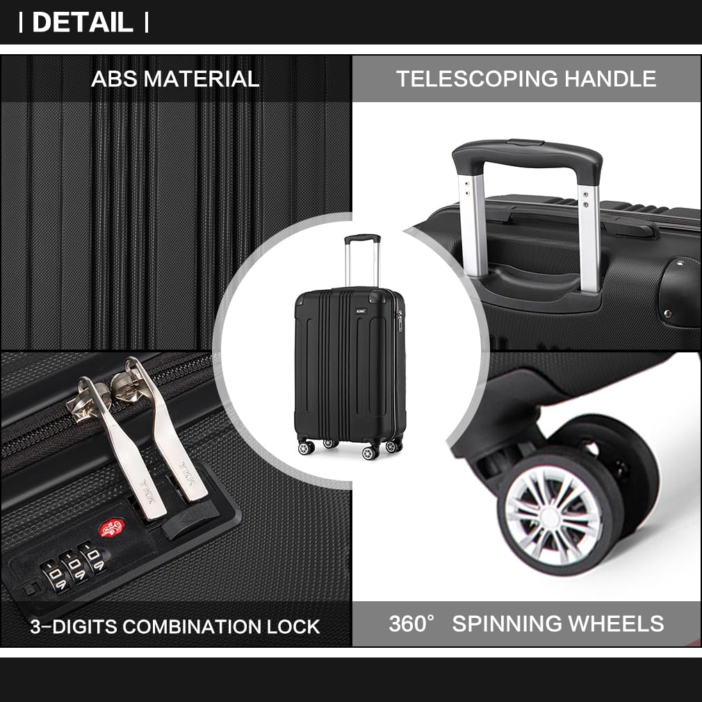 Kono 55x35x20cm ABS Hard Shell Carry-On Luggage - 33L Cabin Approved Travel Suitcase with Wheels (Black) | Perfect for Airplane, Business Trips & Weekend Getaways
