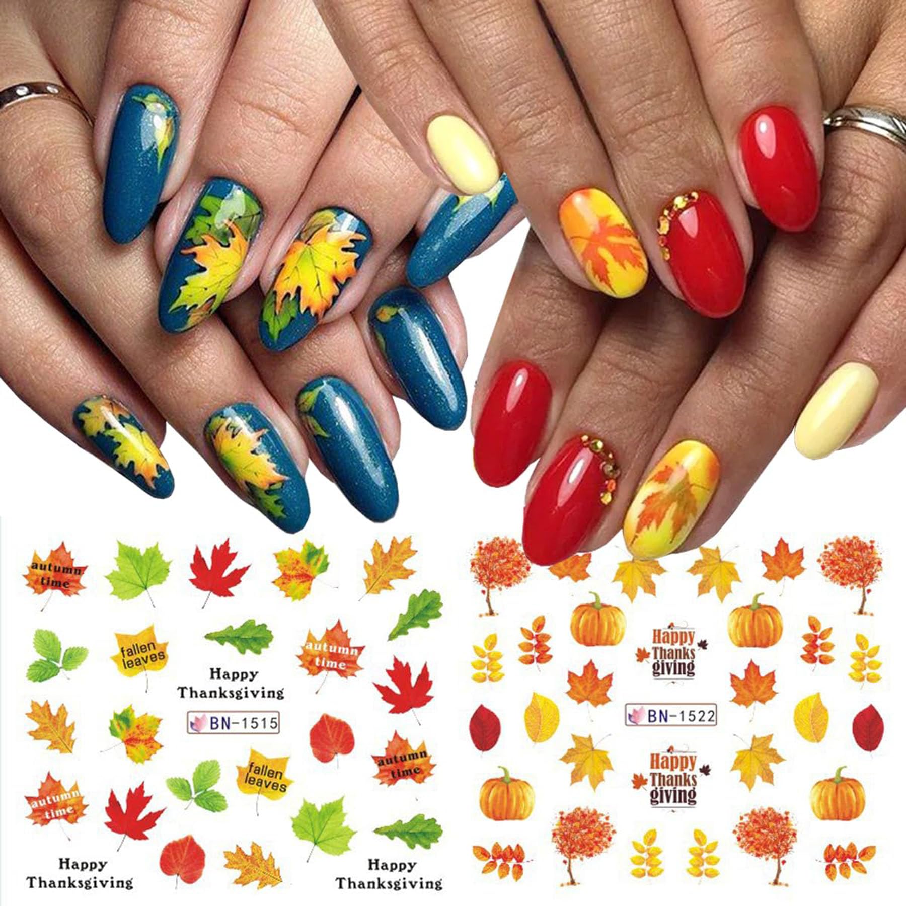 12PCS Fall Nail Art Stickers - 3D Autumn Leaves & Pumpkin Water Transfer Decals, Self-Adhesive Nail Art Supplies for Halloween, Thanksgiving, Seasonal Manicures & DIY Nail Designs