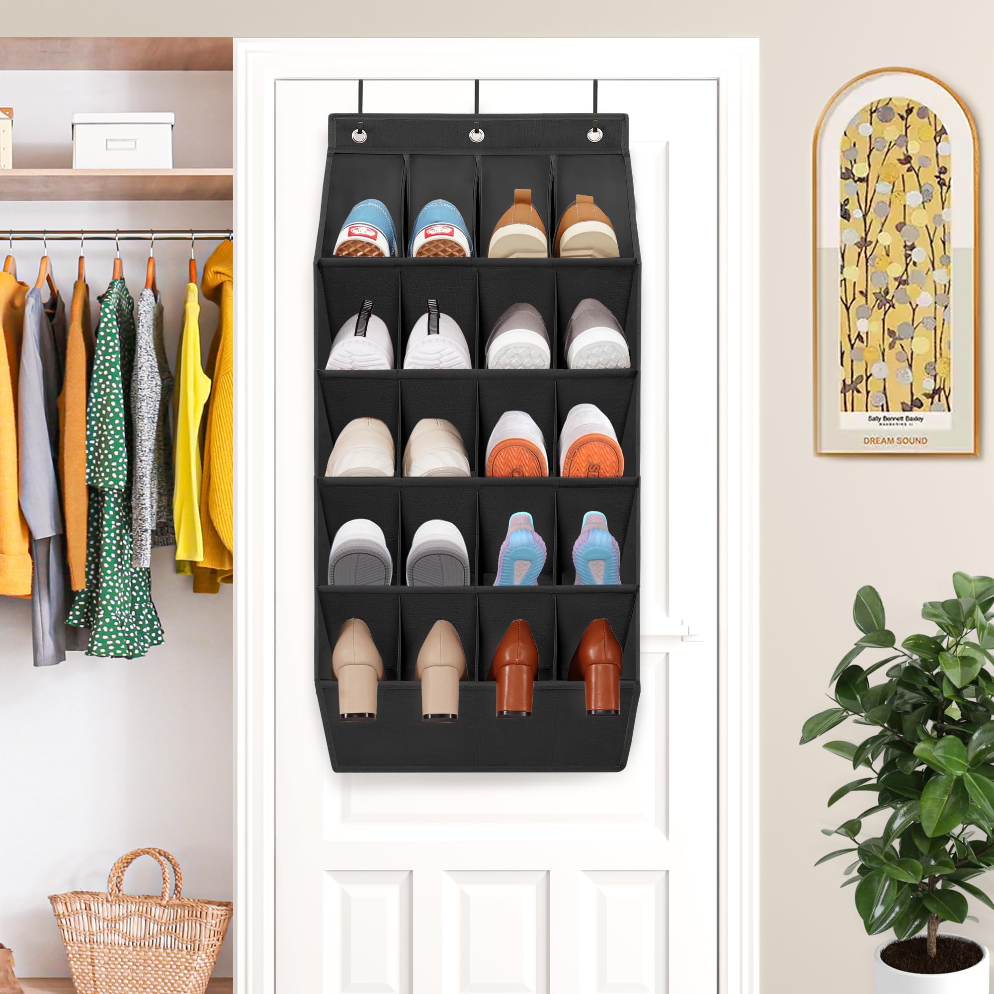 2 Pack Over The Door Shoe Organizer with 20 Large Pockets - Heavy Duty Hanging Closet Storage Rack for Sneakers, Boots & Shoes - Space Saving Solution for Bedrooms, Closets & Dorm Rooms (Black)