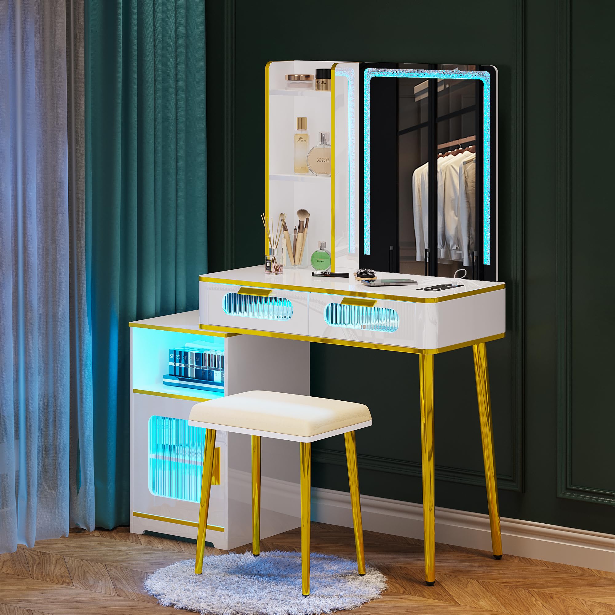 HNEBC White Vanity Desk with Mirror and LED Lights - Makeup Vanity Set with USB/Type-C/Wireless Charging, 3 Drawers & Stool - Voice Control Dressing Table for Bedroom, Dressing Room & Home Decor | Perfect for Makeup Application, Skincare Routine & Getting Ready