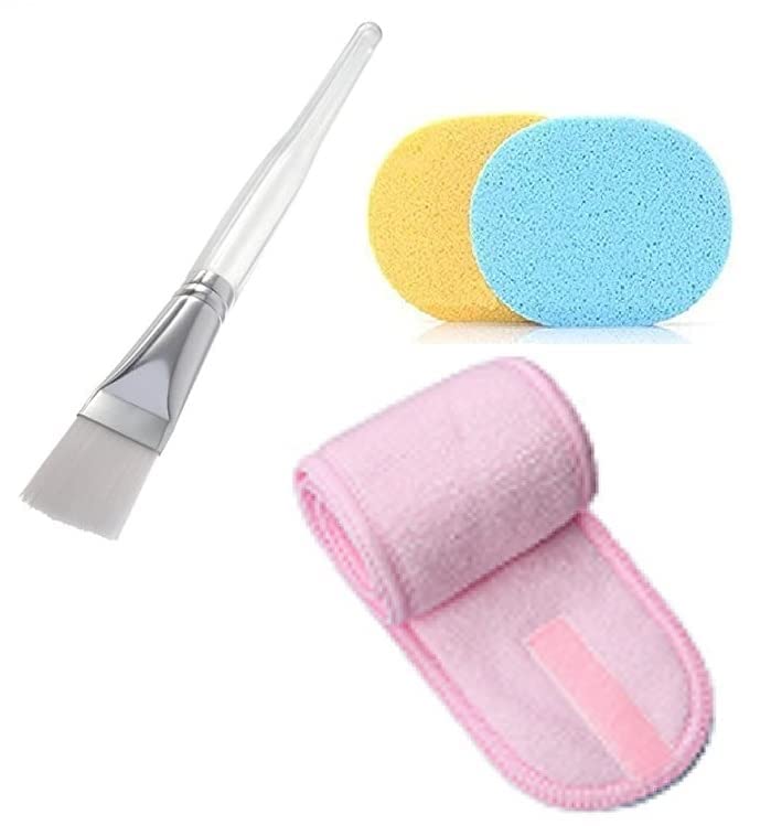 PSM100 Fashion Headband & Facial Mask Brush Set - Wooden Face Pack Brush & 2 Cleaning Sponges for Men & Women (Multi-Color) | Perfect for Spa, Skincare Routine & At-Home Facial Treatments
