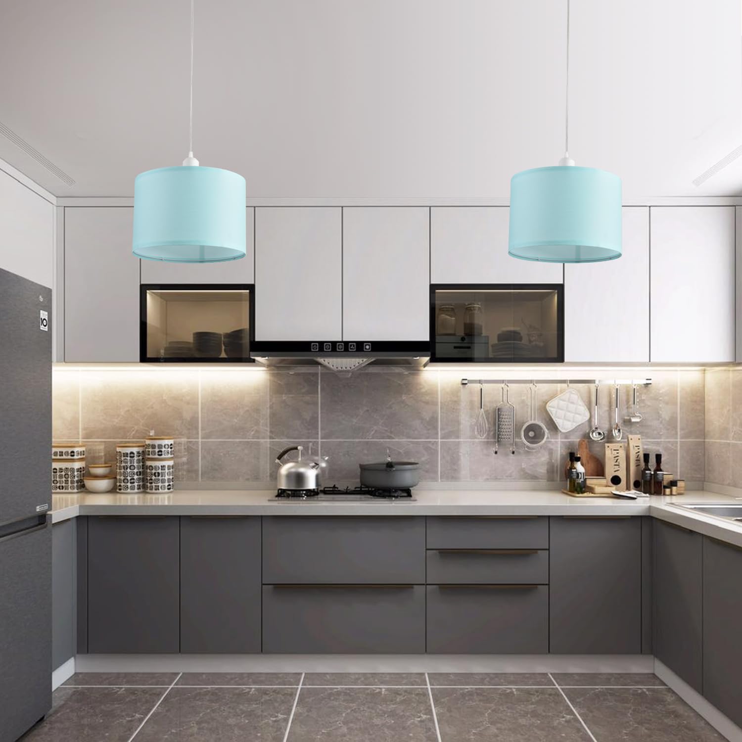 2 Pack Plug in Pendant Light with 15Ft Clear Cord & On/Off Switch - Blue Fabric Lamp Shade Hanging Light Fixture for Bedroom, Kitchen, Dining Room & Living Room - Perfect for Farmhouse Decor, Coffee Bars & Breakfast Nooks