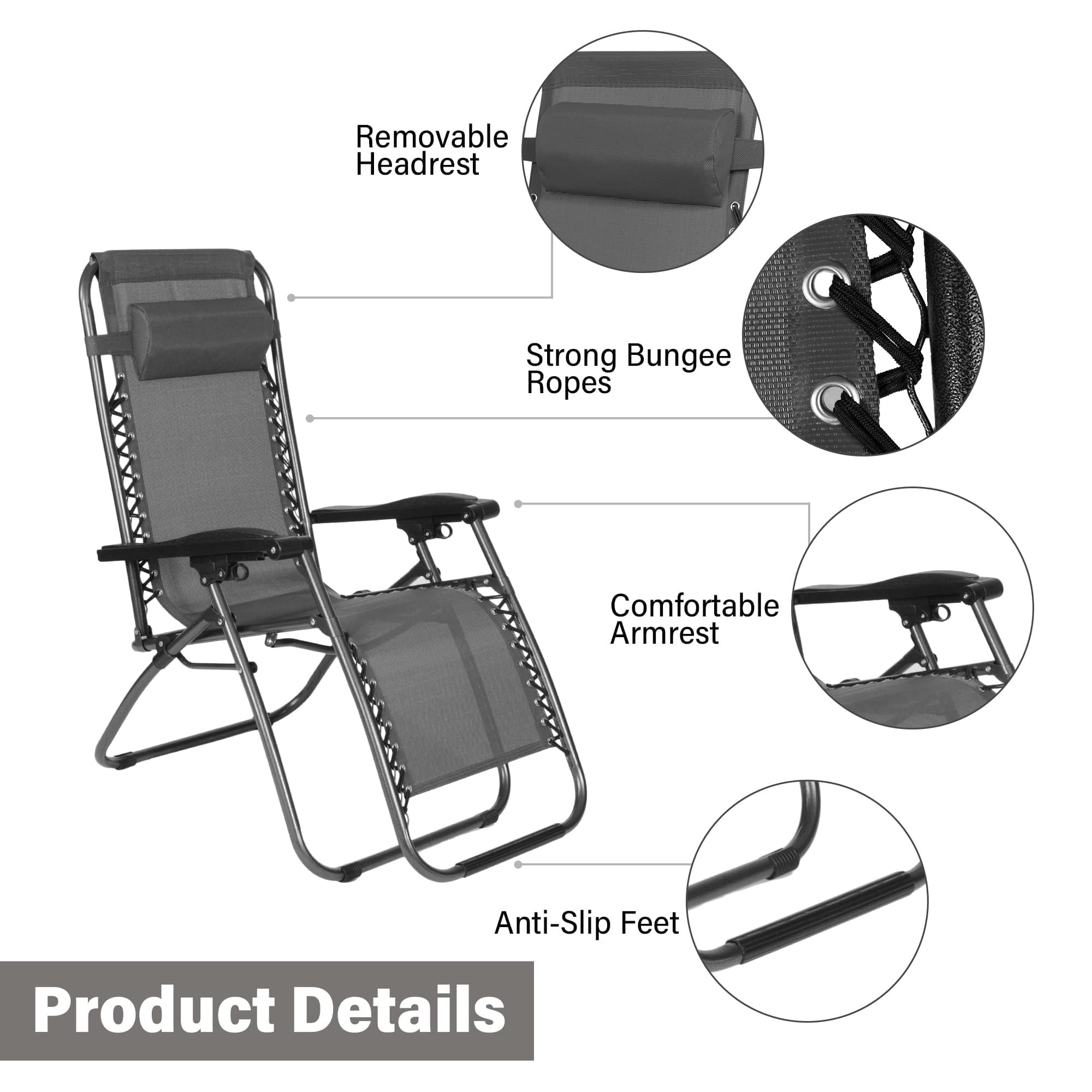 LUCKYERMORE Adjustable Zero Gravity Chairs Set of 2 - 300 LBS Capacity Outdoor Folding Recliners with Pillow, Lightweight Portable Lounge Chairs for Poolside, Beach, Lawn, Patio & Backyard Relaxation - Grey