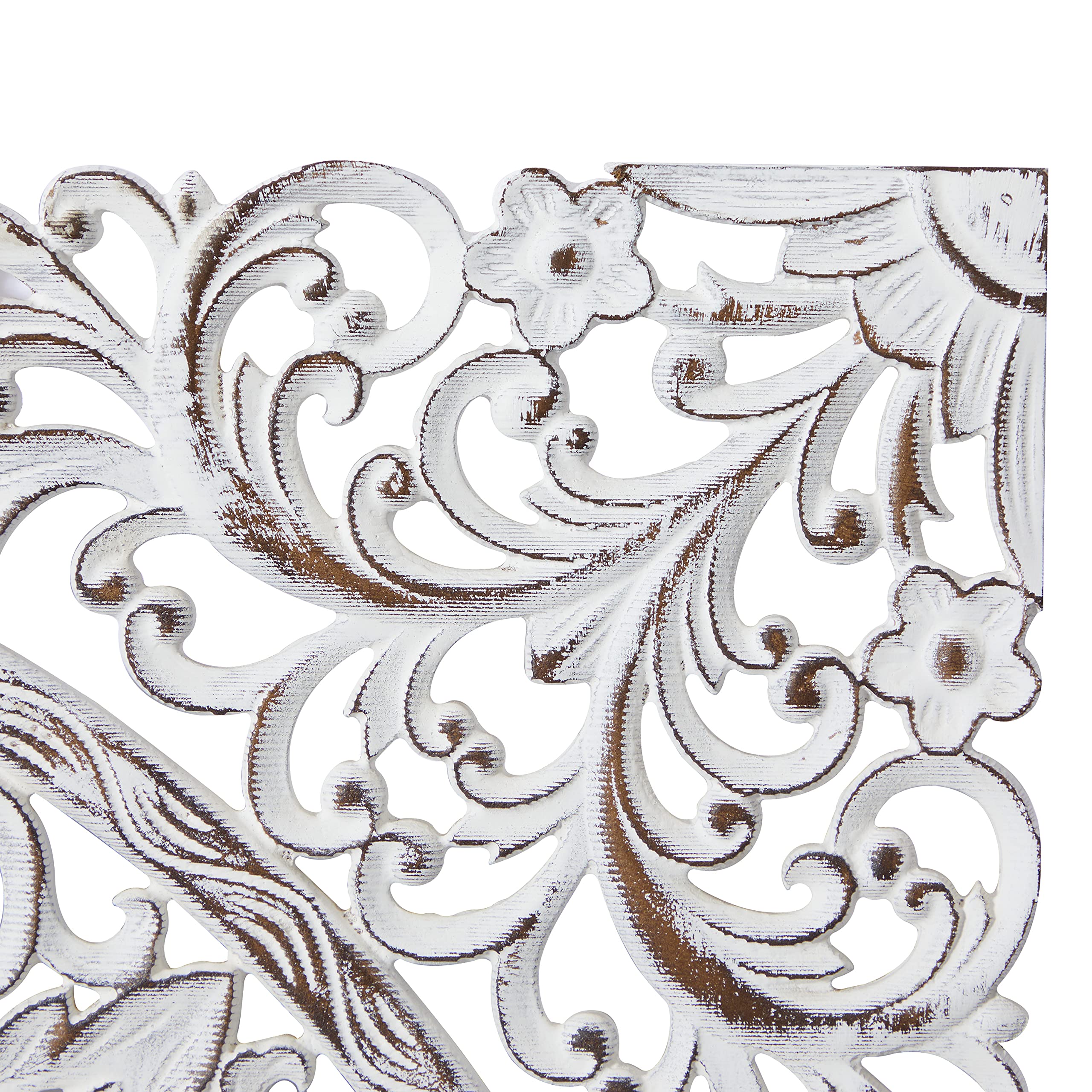 Handmade Wooden Floral Wall Art - Intricately Carved Mandala Wall Sculpture with Brown Distressing, 36