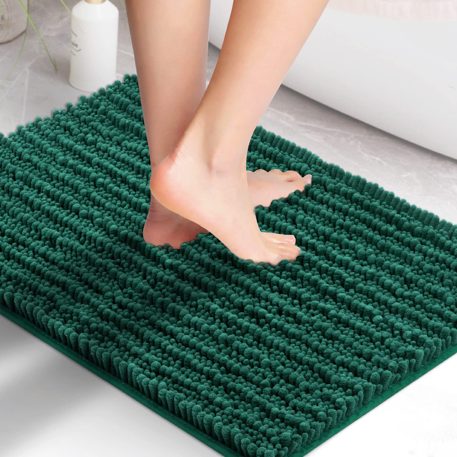 Luxury Chenille Bathroom Rug - Non-Slip Water Absorbent Bath Mat (17x24 Inch, Hunter Green) - Soft Plush Shaggy Microfiber Carpet for Shower Floor - Machine Washable & Extra Thick - Perfect for Bathroom, Vanity & Spa Decor