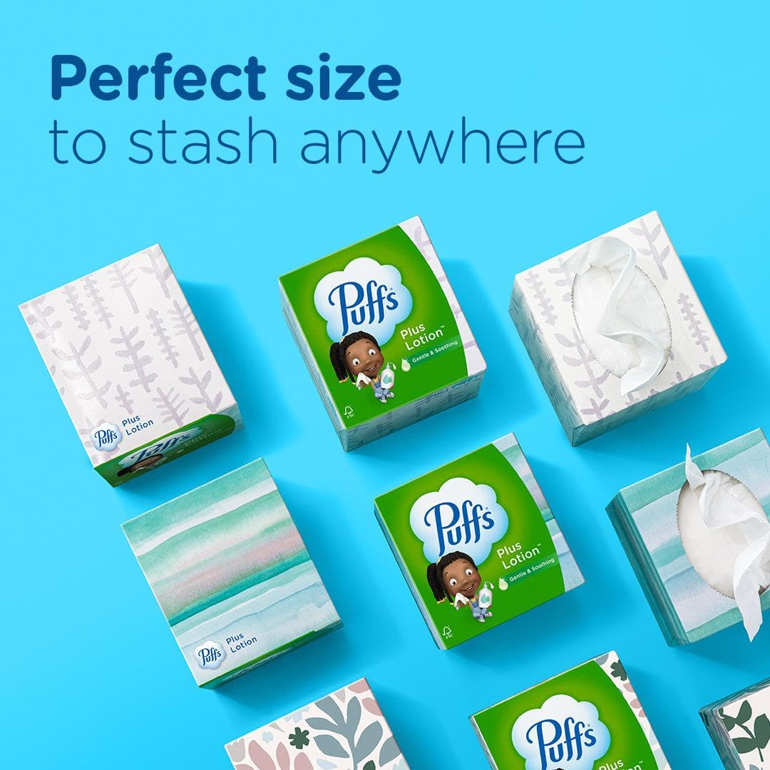 Puffs Plus Lotion Facial Tissues - Ultra Soft & Lotion-Infused - 1 Family Box (124 Tissues) - For Cold, Allergy & Dry Skin Relief - Home, Office & Travel Use