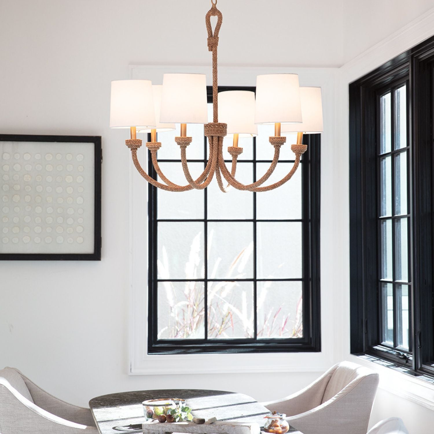 Coastal Living Bimini Chandelier - Rustic Farmhouse Ceiling Light Fixture with Distressed Wood Beams & Glass Shades - Perfect for Beach House, Cottage, or Coastal Decor