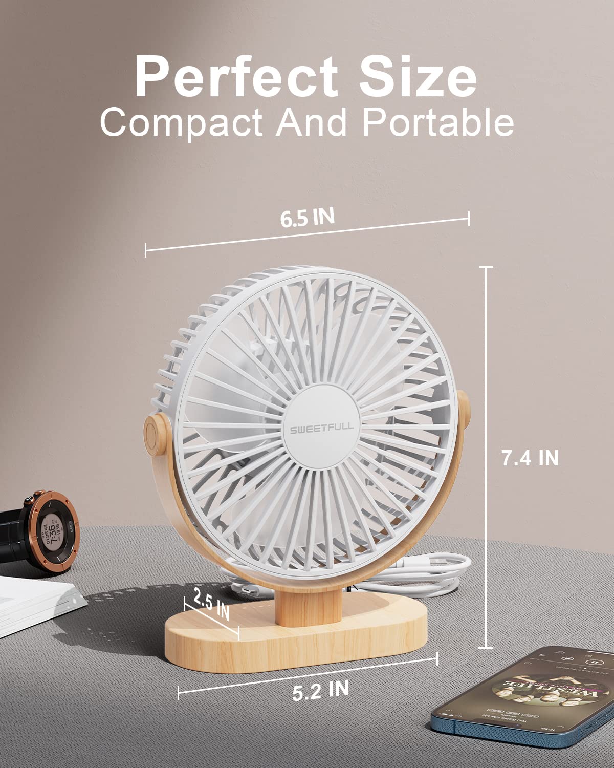 SWEETFULL 6.5 Inch USB Desk Fan - 3 Speed Portable Mini Fan with 360° Adjustable Head, Quiet Operation for Home, Office, Car & Travel - Perfect for Work Desks, Bedrooms, Dorm Rooms and Outdoor Adventures (White Wood Grain)