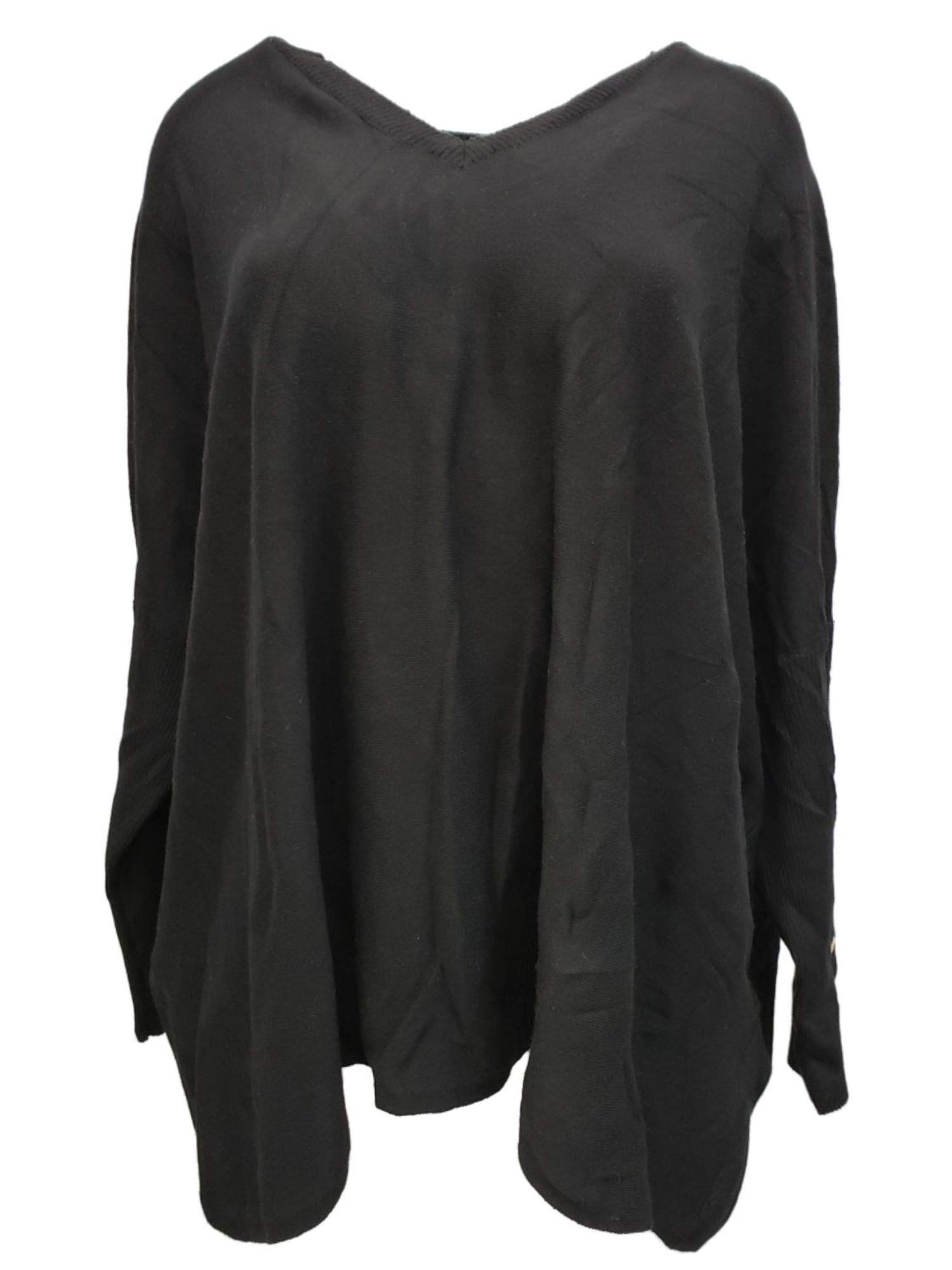 Women's Plus Size Black V-Neck Button Sleeve Winter Sweater Top 1X - Cozy Casual Wear for Work, Office & Holiday Outfits