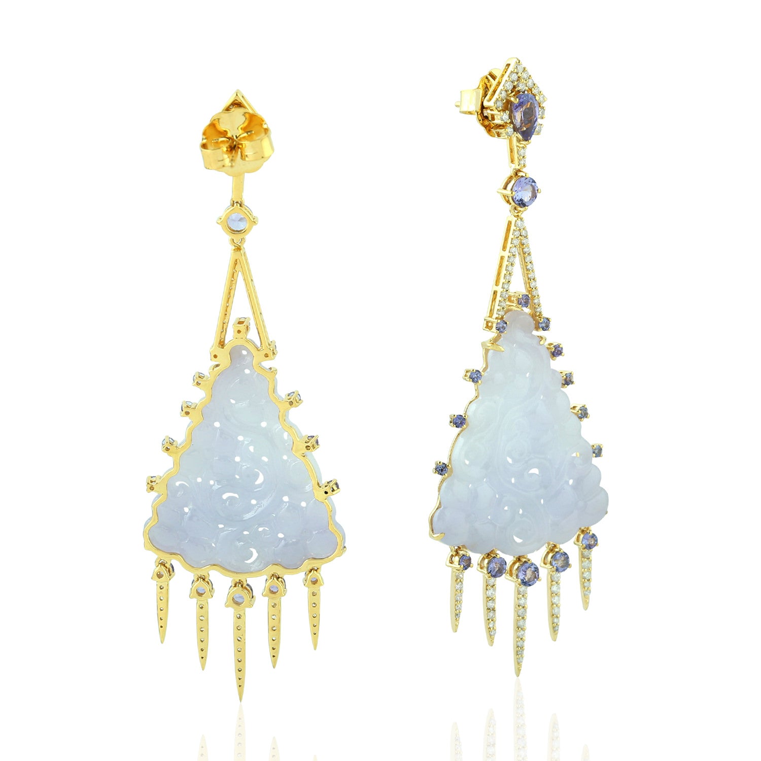 Exquisite 18K Yellow Gold Filigree Carved Jade Blue Tanzanite Diamond Chandelier Earrings | Elegant Dangle Earrings for Weddings, Parties & Special Occasions
