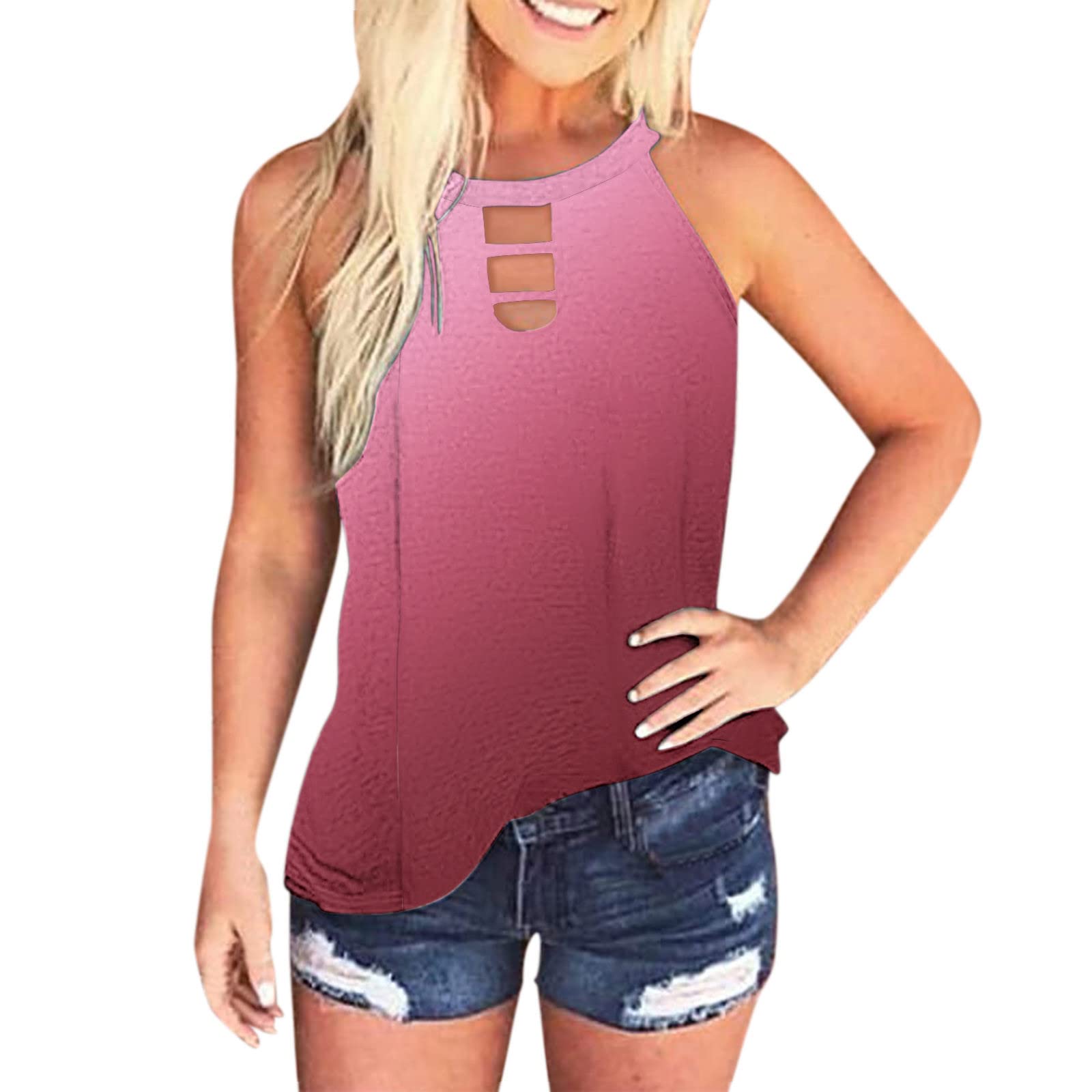 Women's Summer Sleeveless Tank Tops - Casual Beach Hollow Out Cami Shirts with Crew Neck & Graphic Design | Perfect for Vacation, Pool Party & Everyday Wear
