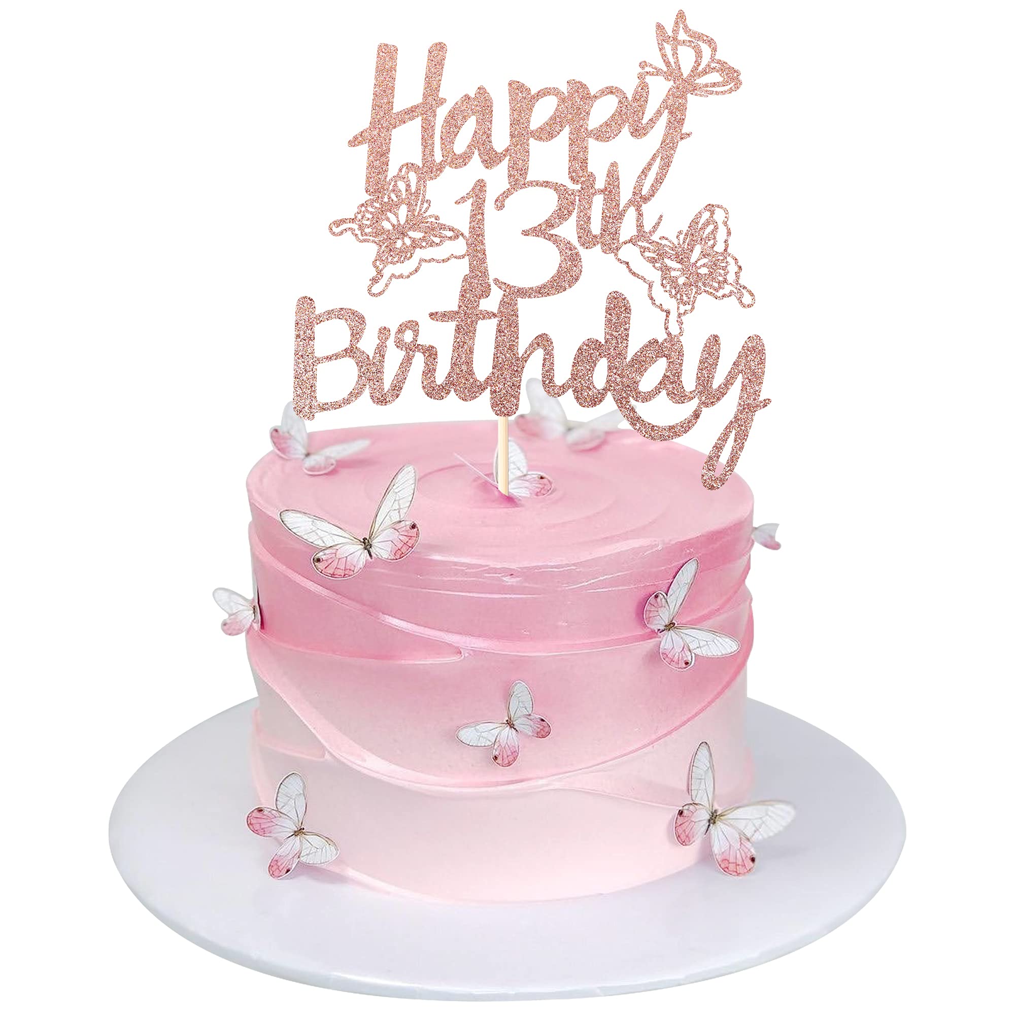 1 PCS Happy 13th Birthday Cake Topper - Glitter Butterfly, 'Hello 13', 'Cheers to 13 Years' & '13 & Fabulous' Cake Decorations for 13th Birthday Party Supplies in Rose Gold | Perfect for Teen Birthday Cakes, Anniversary Celebrations & Sweet 16 Decor