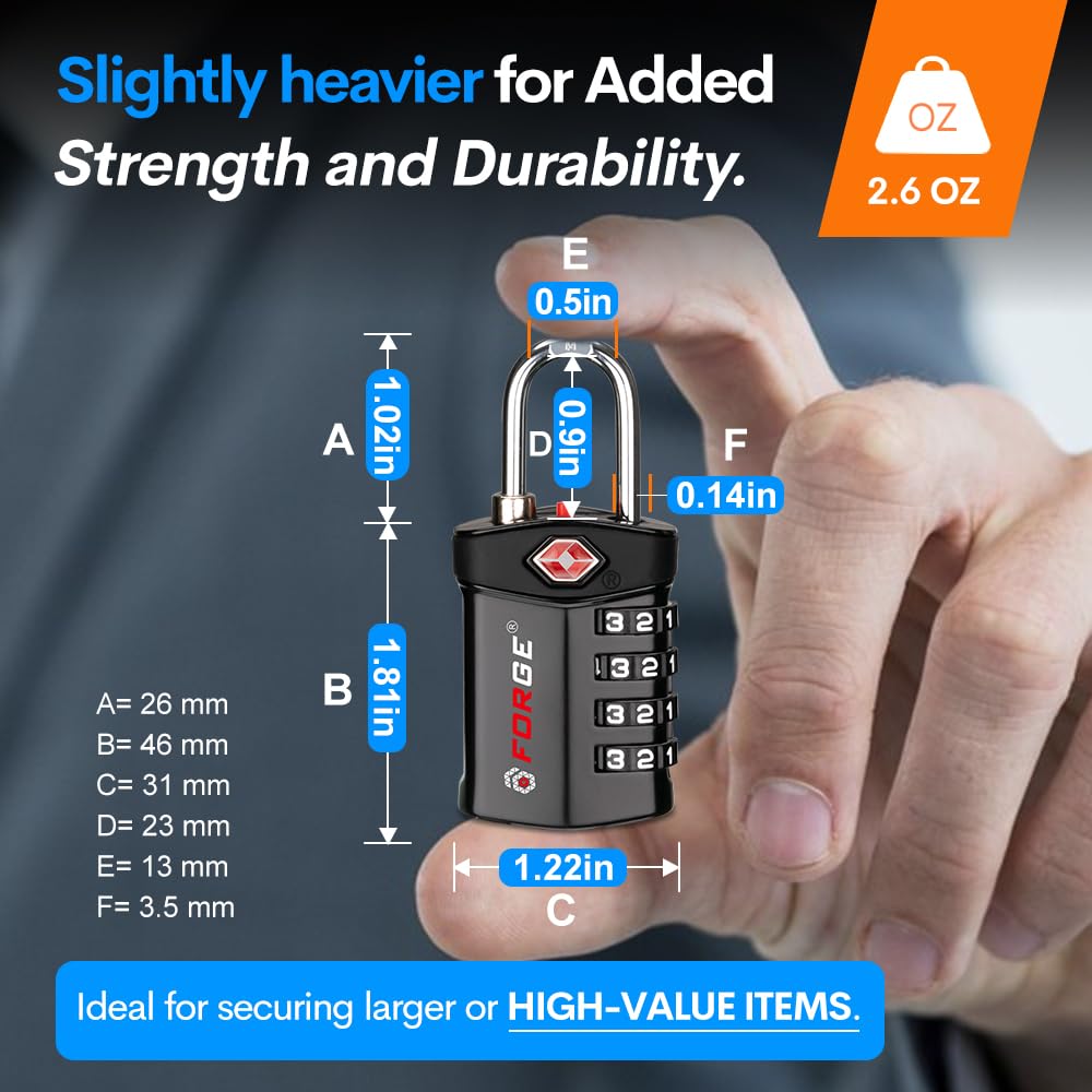 TSA Approved Forge Travel Lock - Secure Luggage Lock for Air Travel, Gym & School Lockers, Pelican & Gun Cases | Easy Read Dials & Durable Alloy Body | Perfect for Travelers, Students & Outdoor Enthusiasts