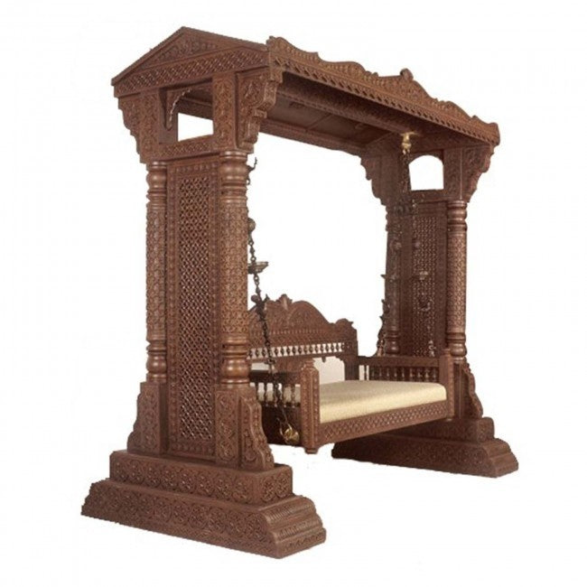 Hand Carved Elephant Design Swing Daybed - Brown Wooden Porch Swing Bed for Outdoor Patio, Garden, and Backyard Relaxation