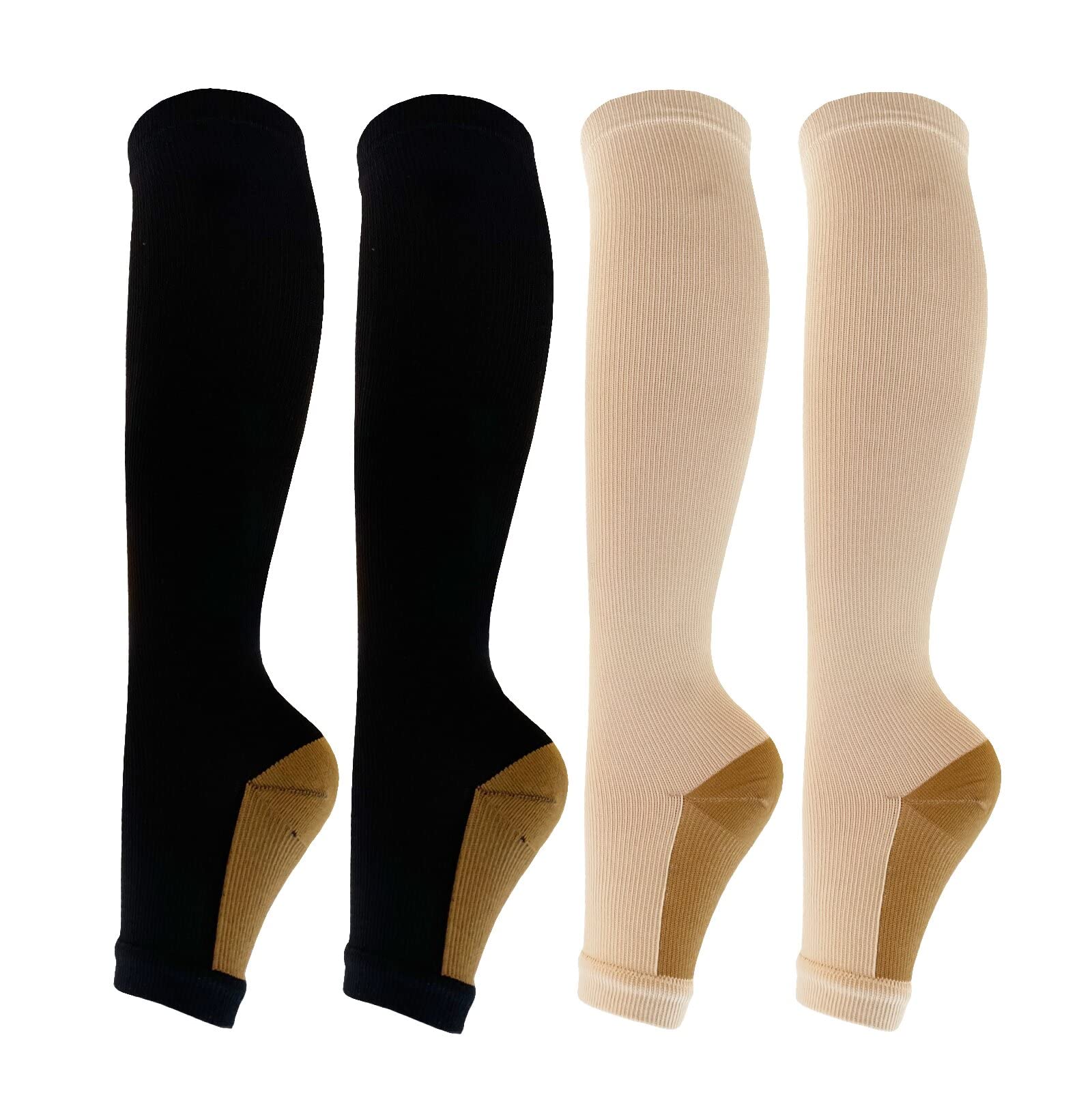 Copper Open Toe Compression Socks for Women & Men - 4 Pairs Toeless Compression Stockings for Nurses, Runners & Travel - Improve Circulation & Reduce Swelling