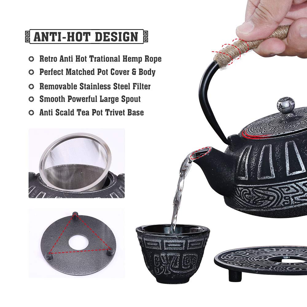 Premium Japanese Style Cast Iron Teapot Set with Infuser - 28oz Enameled Interior Tea Kettle & 4 Matching Teacups - Stovetop Safe Black Iron Teapot - Perfect for Tea Ceremonies, Home Decor & Thoughtful Gifts