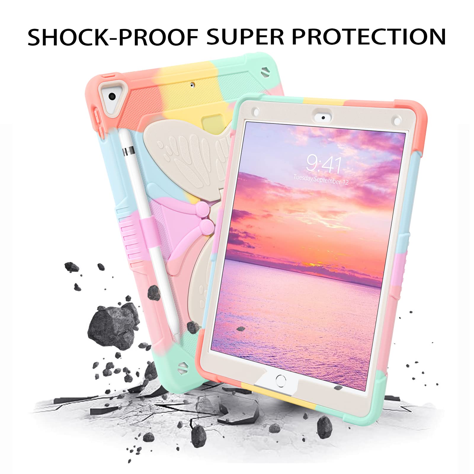 DUEDUE Shockproof Kids iPad Case for iPad Air 2/5th/6th Gen (2017/2018) & iPad Pro 9.7 - Butterfly Wings Design with Kickstand & Pencil Holder | Heavy Duty Protective Cover for School, Travel & Home Use | Rainbow Color