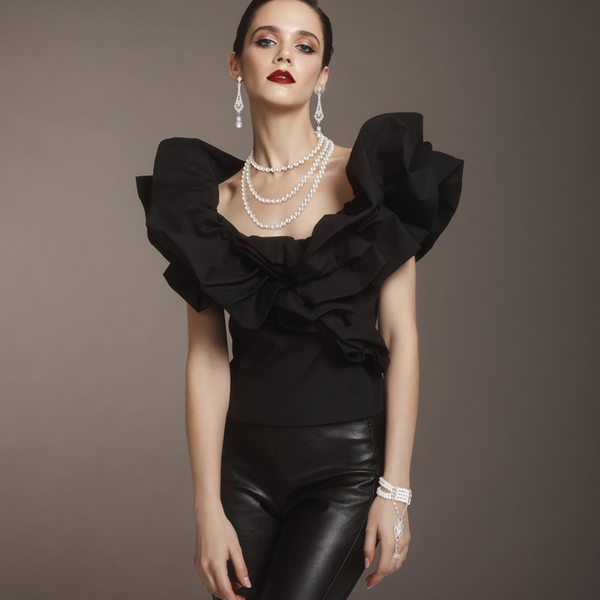 Vintage Pearl Jewelry Set - 6 Pcs 1920s Flapper Necklace, Bracelet, Earrings for Gatsby Party