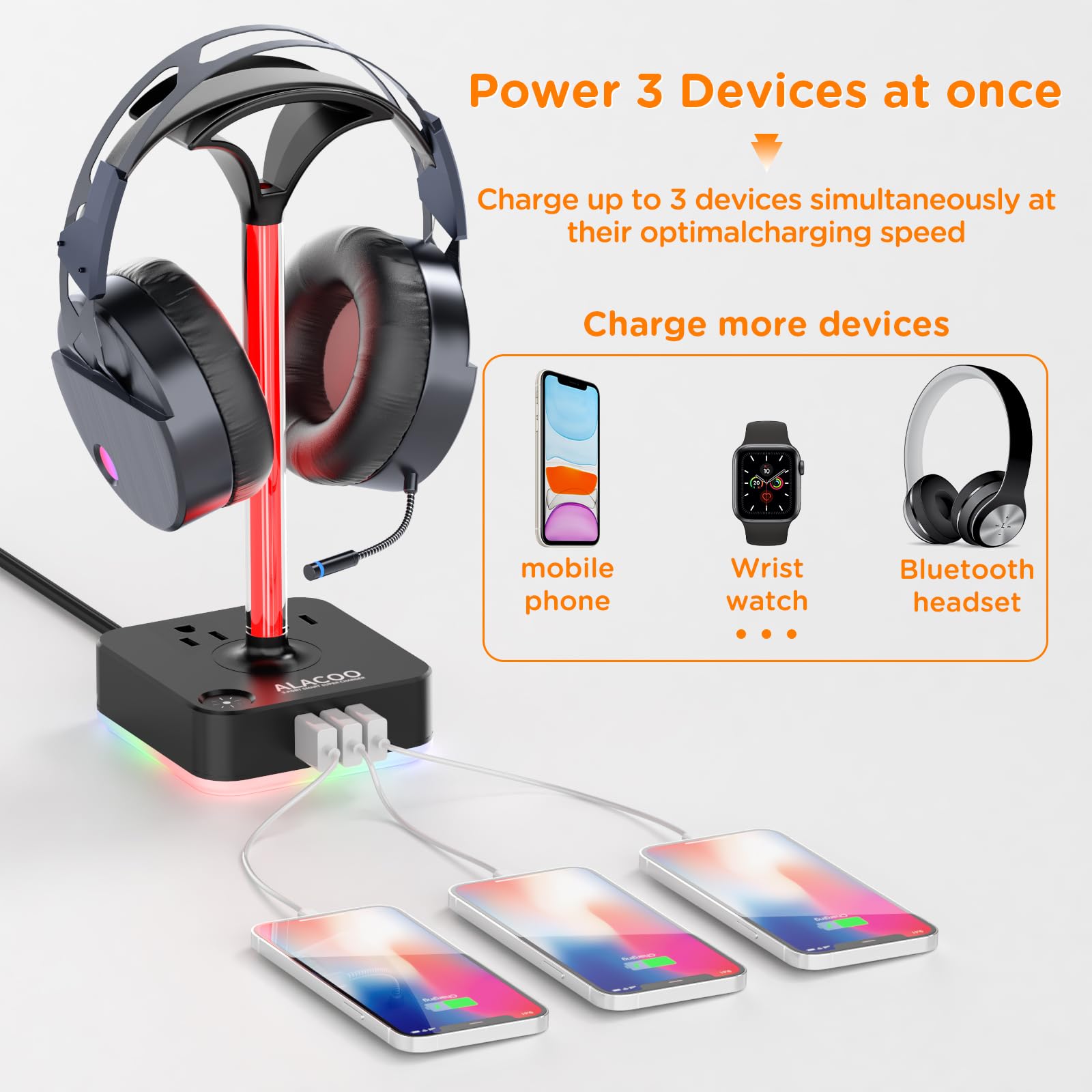 RGB Gaming Headphone Stand with USB Charger & AC Outlet - 3-Port USB Hub, 8 Color LED Modes, Universal Headset Holder for PC, PS5, Xbox - Perfect for Gaming Setup, Home Office & Desk Organization