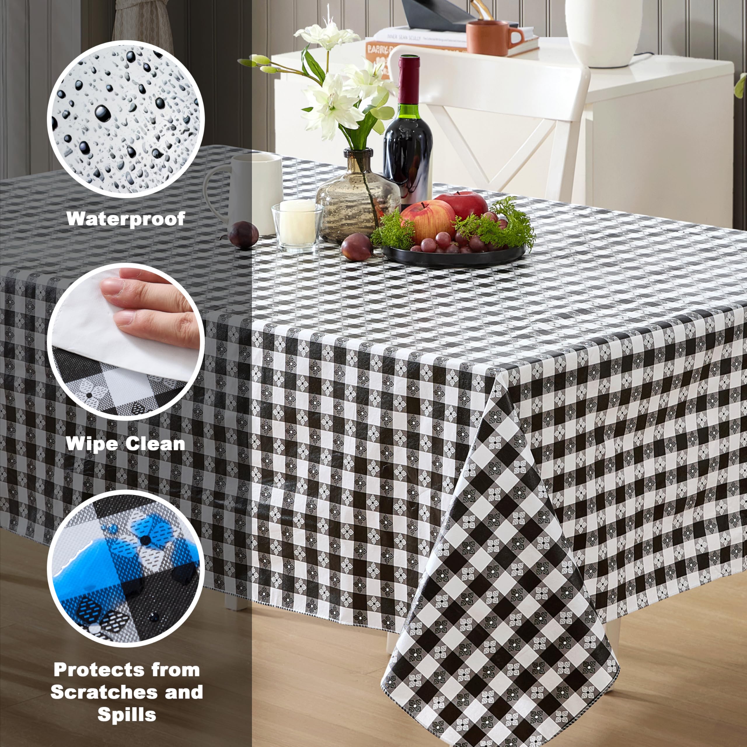 Newbridge 60 x 84 Inch Waterproof Rectangle Vinyl Tablecloth with Flannel Backing - Black & White Checkered Bistro Pattern - Durable Indoor/Outdoor Table Cover for Picnics, BBQs, Patio Dining, Restaurants & Cafe Decor