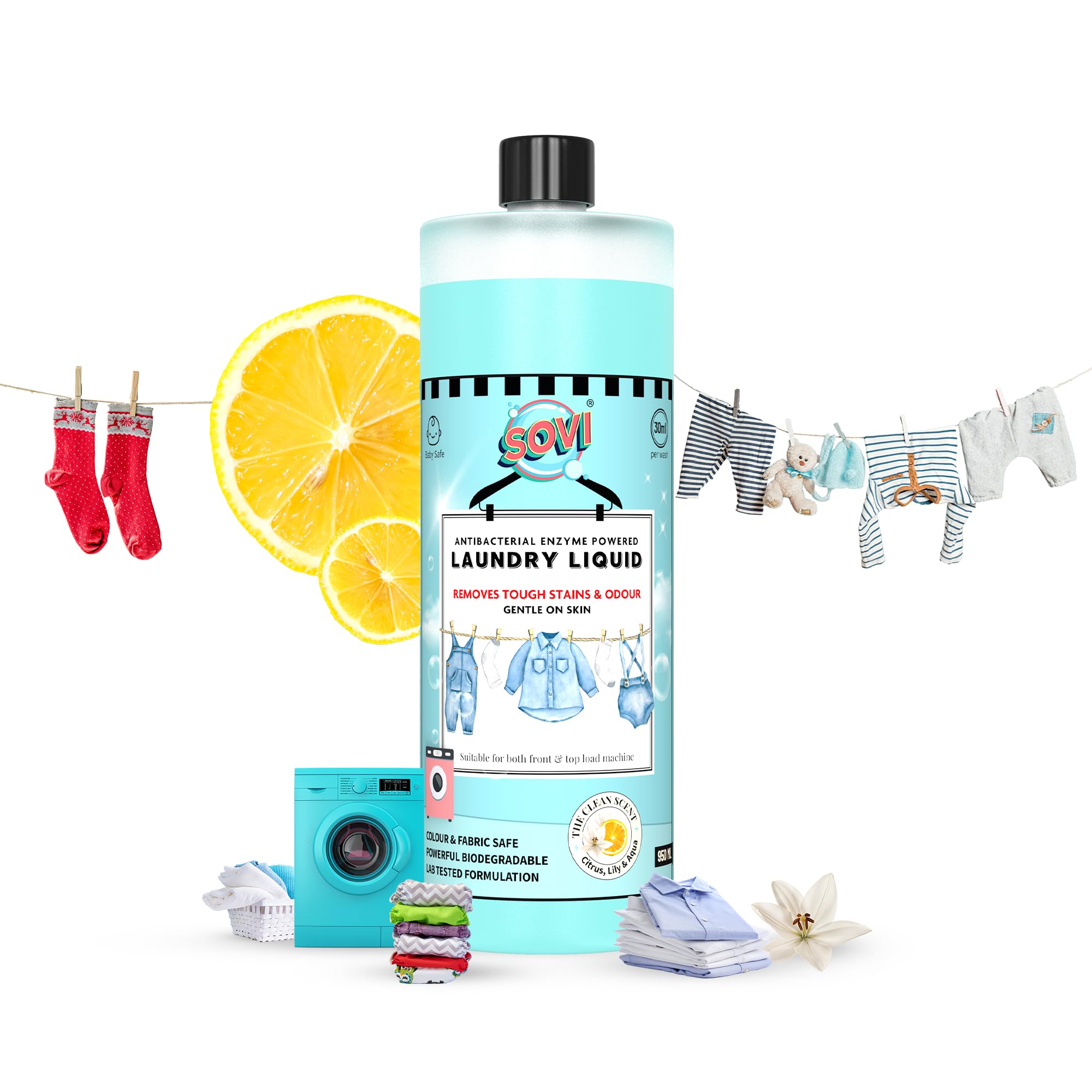 SOVI Bio Enzyme Liquid Laundry Detergent - Eco-Friendly & Biodegradable for Front Load & Top Load Washing Machines (950ml) - Fresh Clean Scent - Ideal for Sensitive Skin & Sustainable Home Cleaning